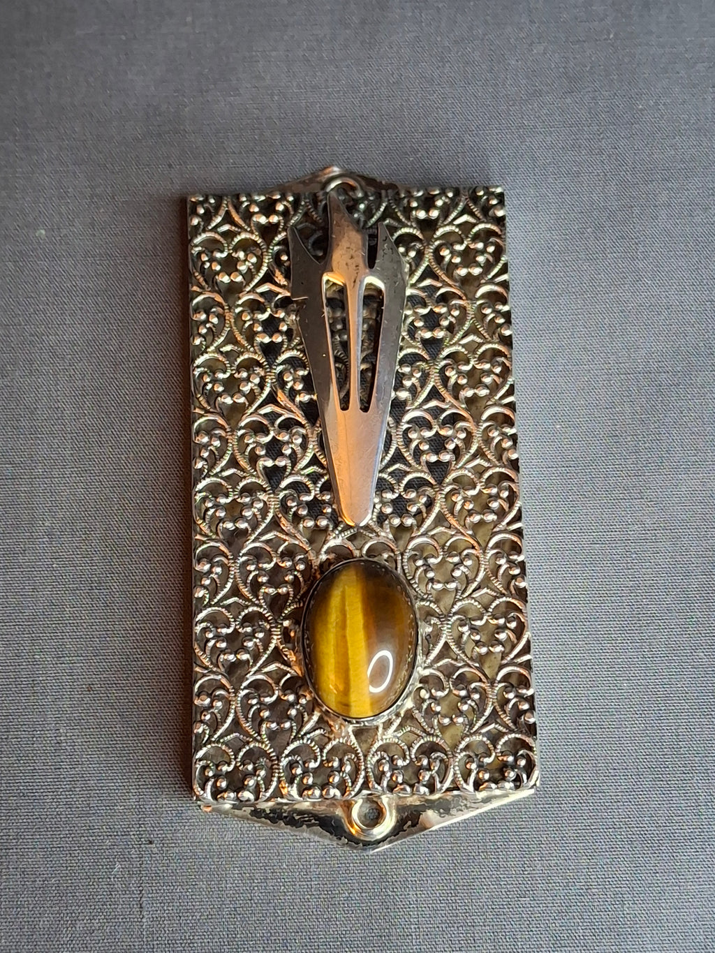 Vintage Israel Sterling Silver 925 Filigree Mezuzah Case Tiger's Eye Stone Judaica