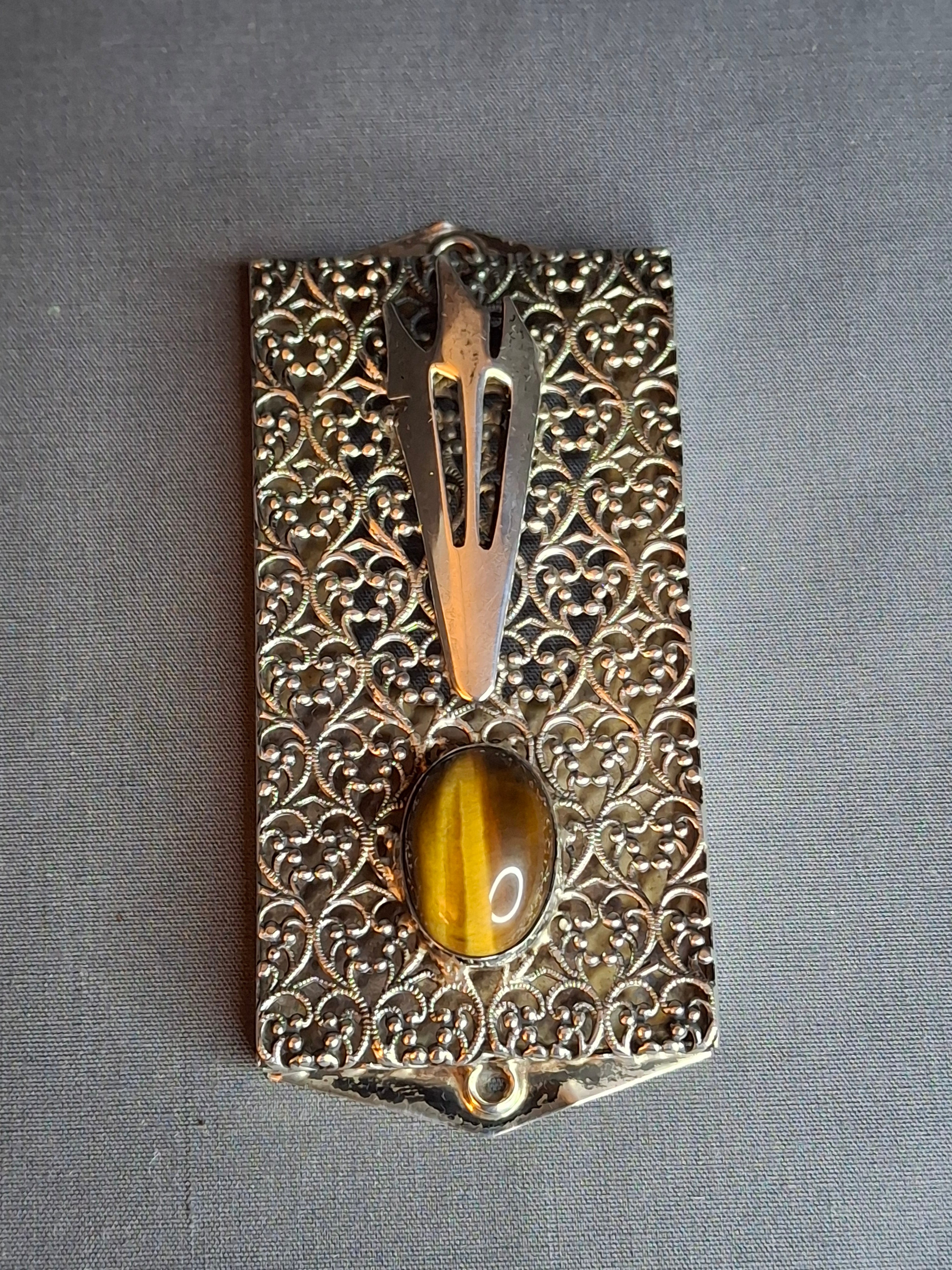 Vintage Israel Sterling Silver 925 Filigree Mezuzah Case Tiger's Eye Stone Judaica