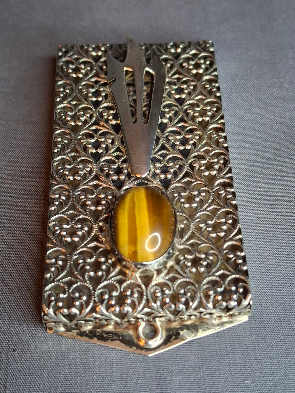 Vintage Israel Sterling Silver 925 Filigree Mezuzah Case Tiger's Eye Stone Judaica