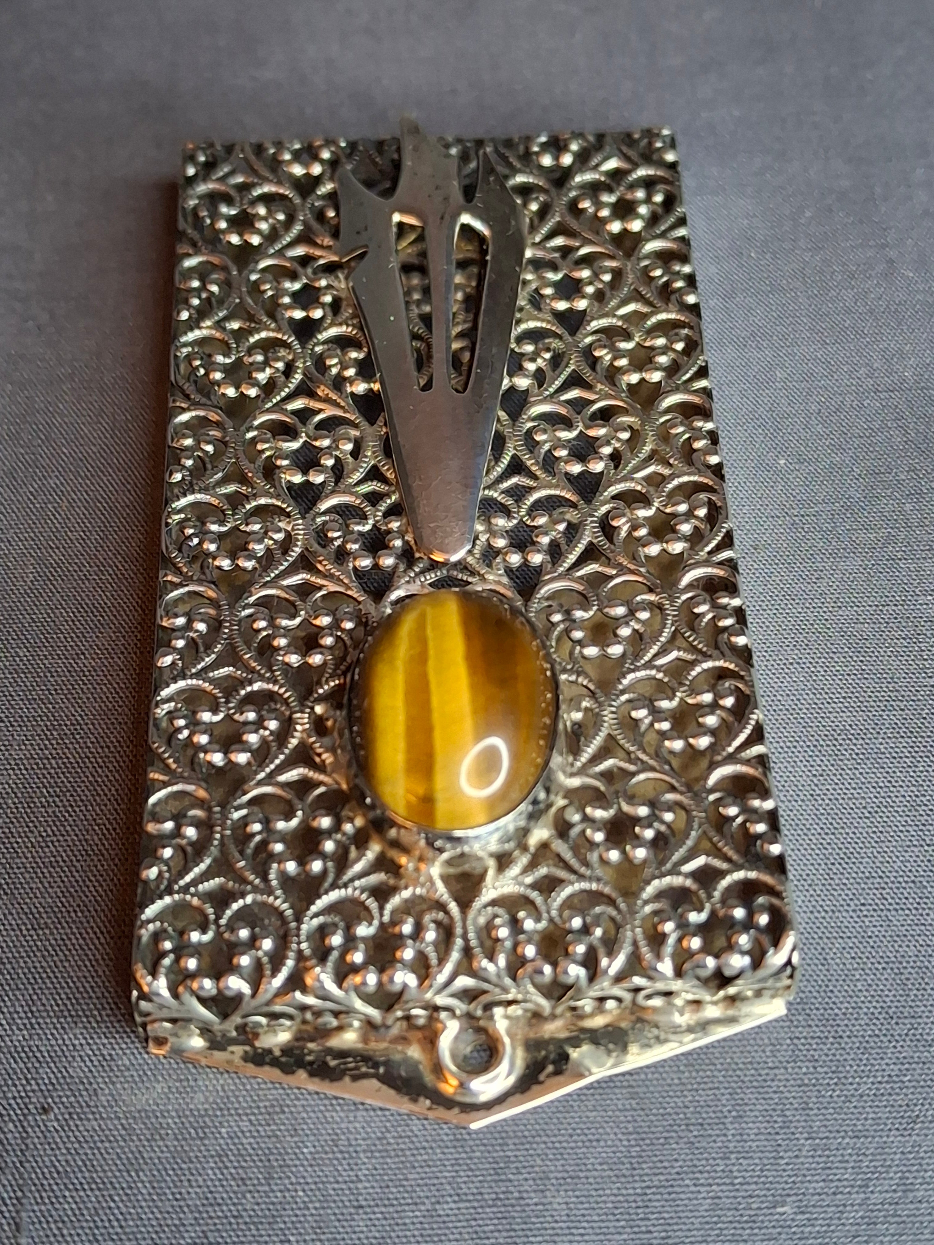 Vintage Israel Sterling Silver 925 Filigree Mezuzah Case Tiger's Eye Stone Judaica