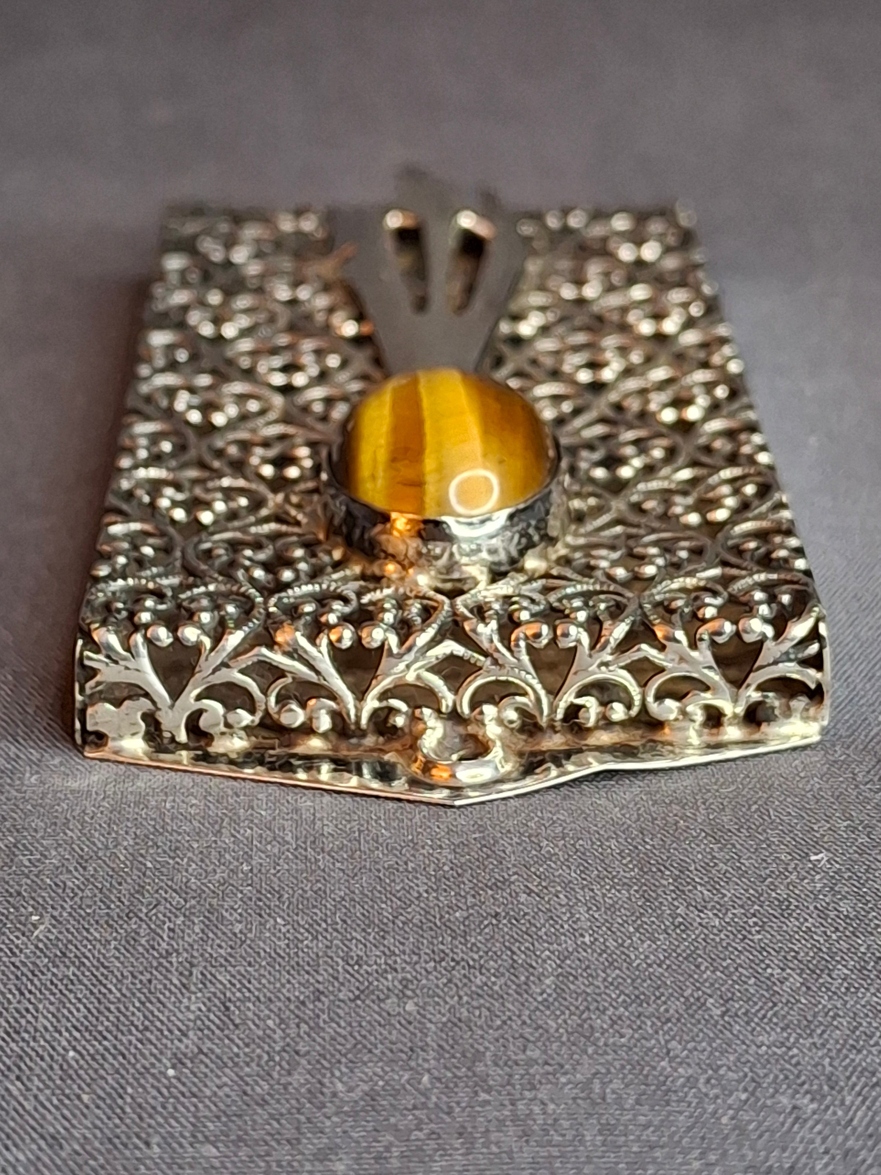 Vintage Israel Sterling Silver 925 Filigree Mezuzah Case Tiger's Eye Stone Judaica