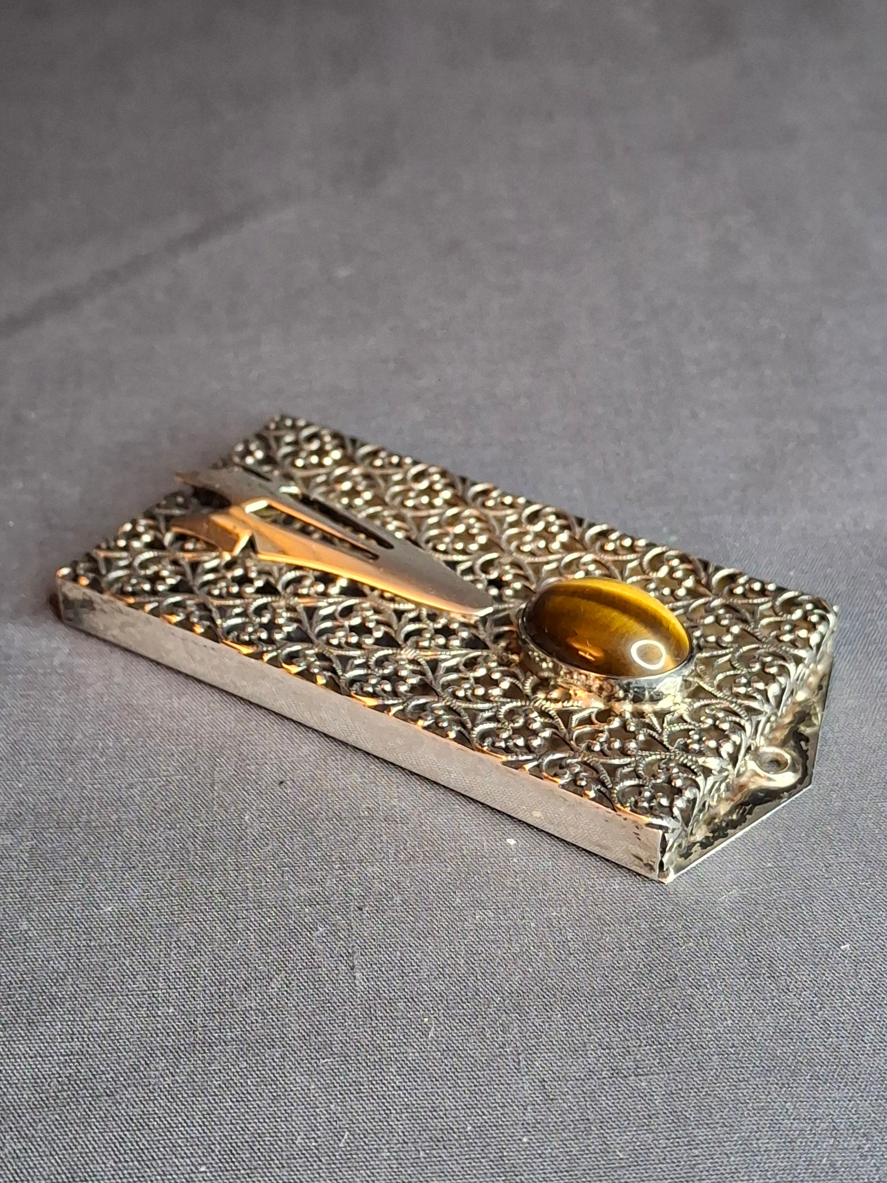 Vintage Israel Sterling Silver 925 Filigree Mezuzah Case Tiger's Eye Stone Judaica