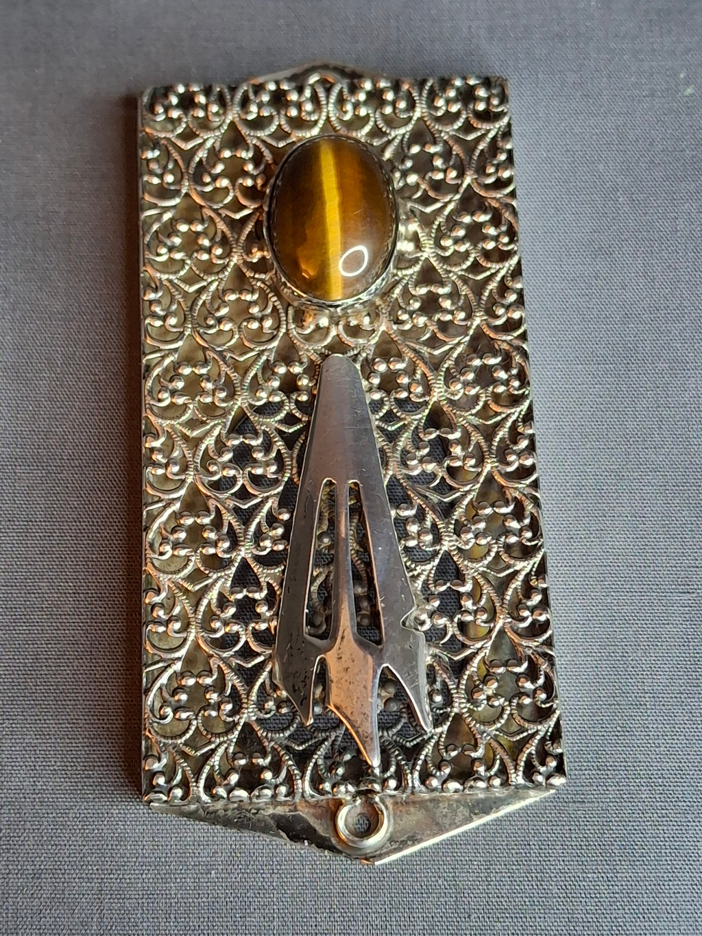 Vintage Israel Sterling Silver 925 Filigree Mezuzah Case Tiger's Eye Stone Judaica