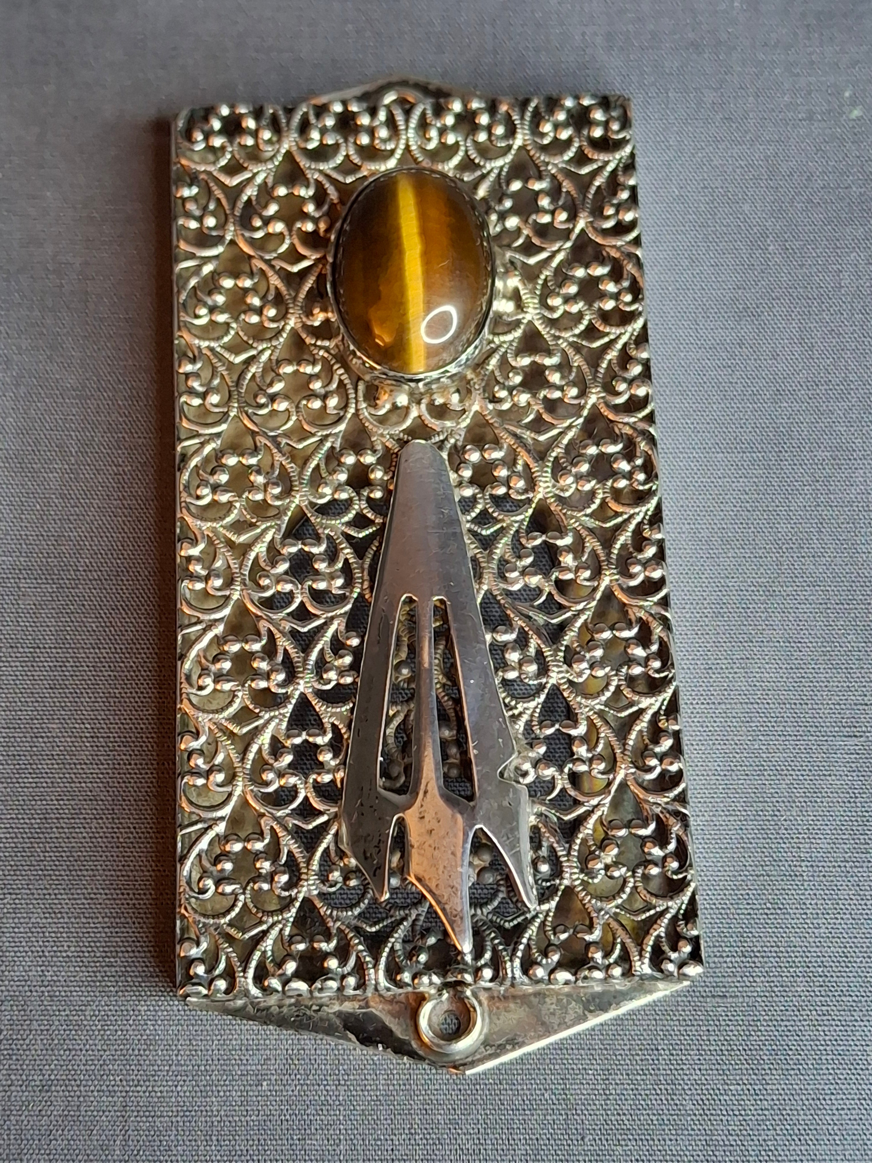 Vintage Israel Sterling Silver 925 Filigree Mezuzah Case Tiger's Eye Stone Judaica