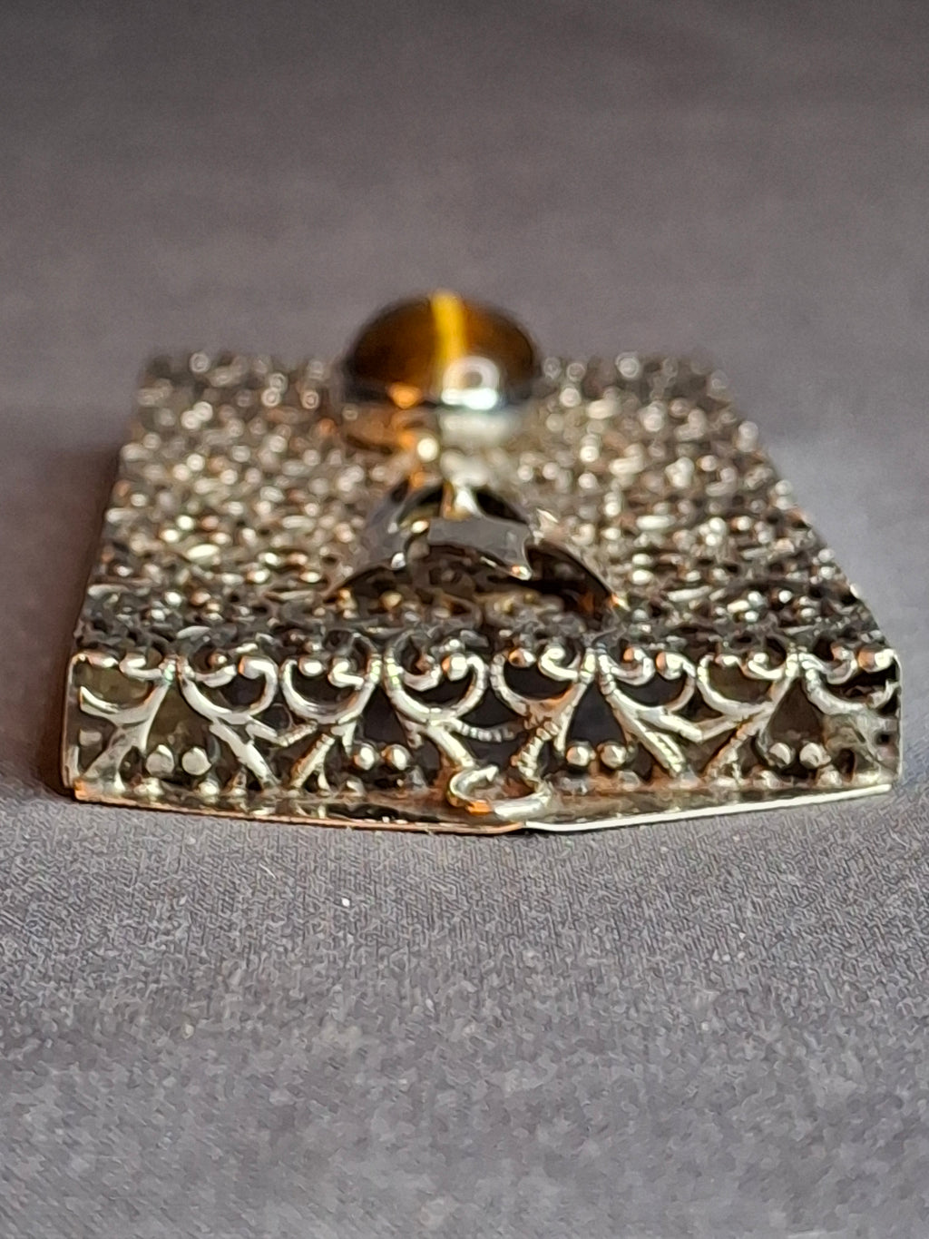 Vintage Israel Sterling Silver 925 Filigree Mezuzah Case Tiger's Eye Stone Judaica
