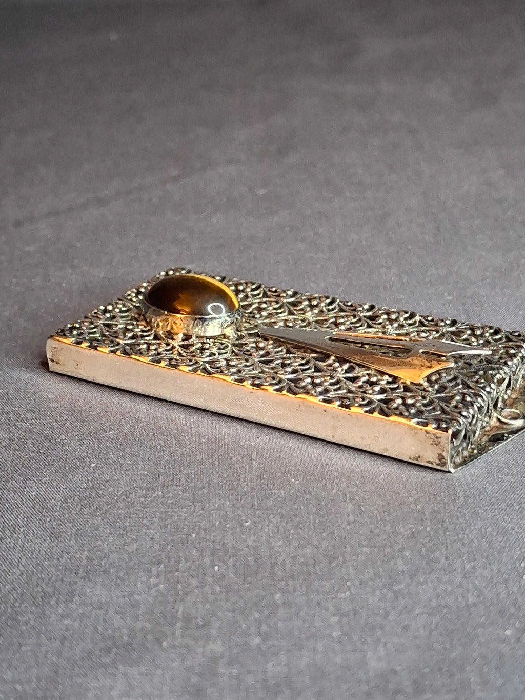 Vintage Israel Sterling Silver 925 Filigree Mezuzah Case Tiger's Eye Stone Judaica