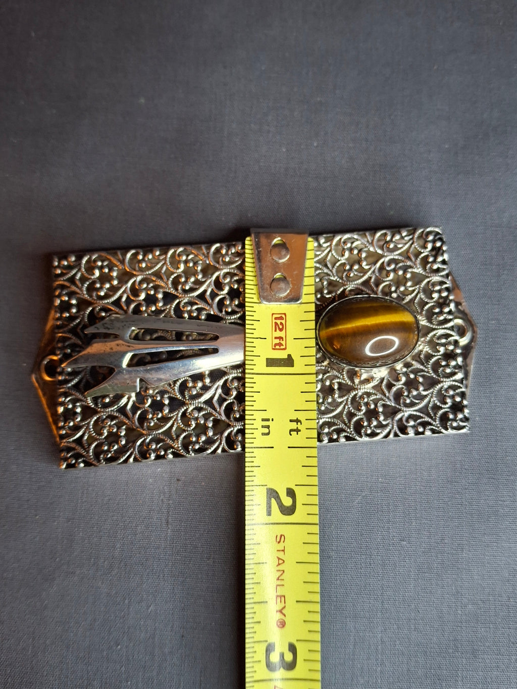 Vintage Israel Sterling Silver 925 Filigree Mezuzah Case Tiger's Eye Stone Judaica