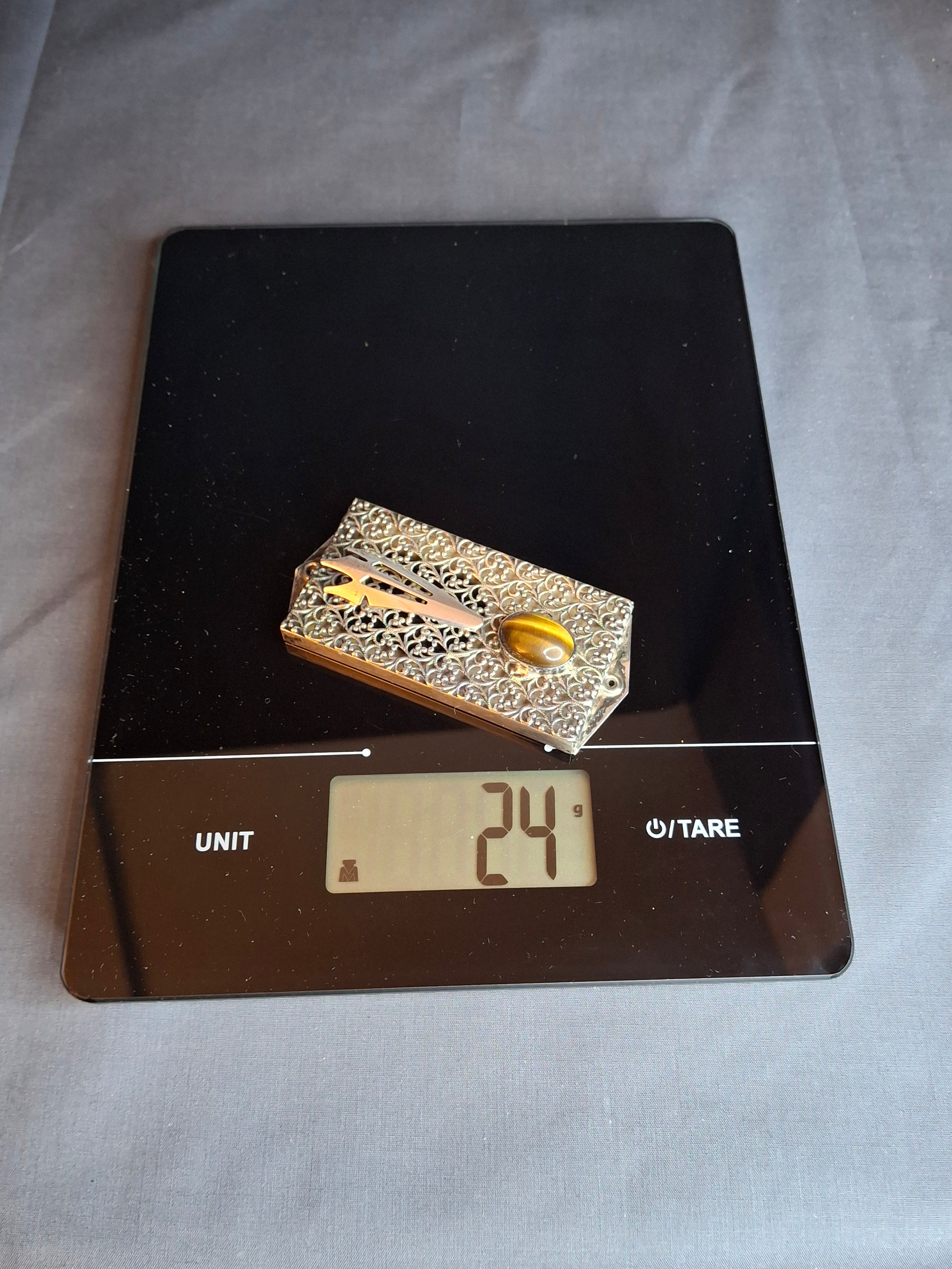 Vintage Israel Sterling Silver 925 Filigree Mezuzah Case Tiger's Eye Stone Judaica