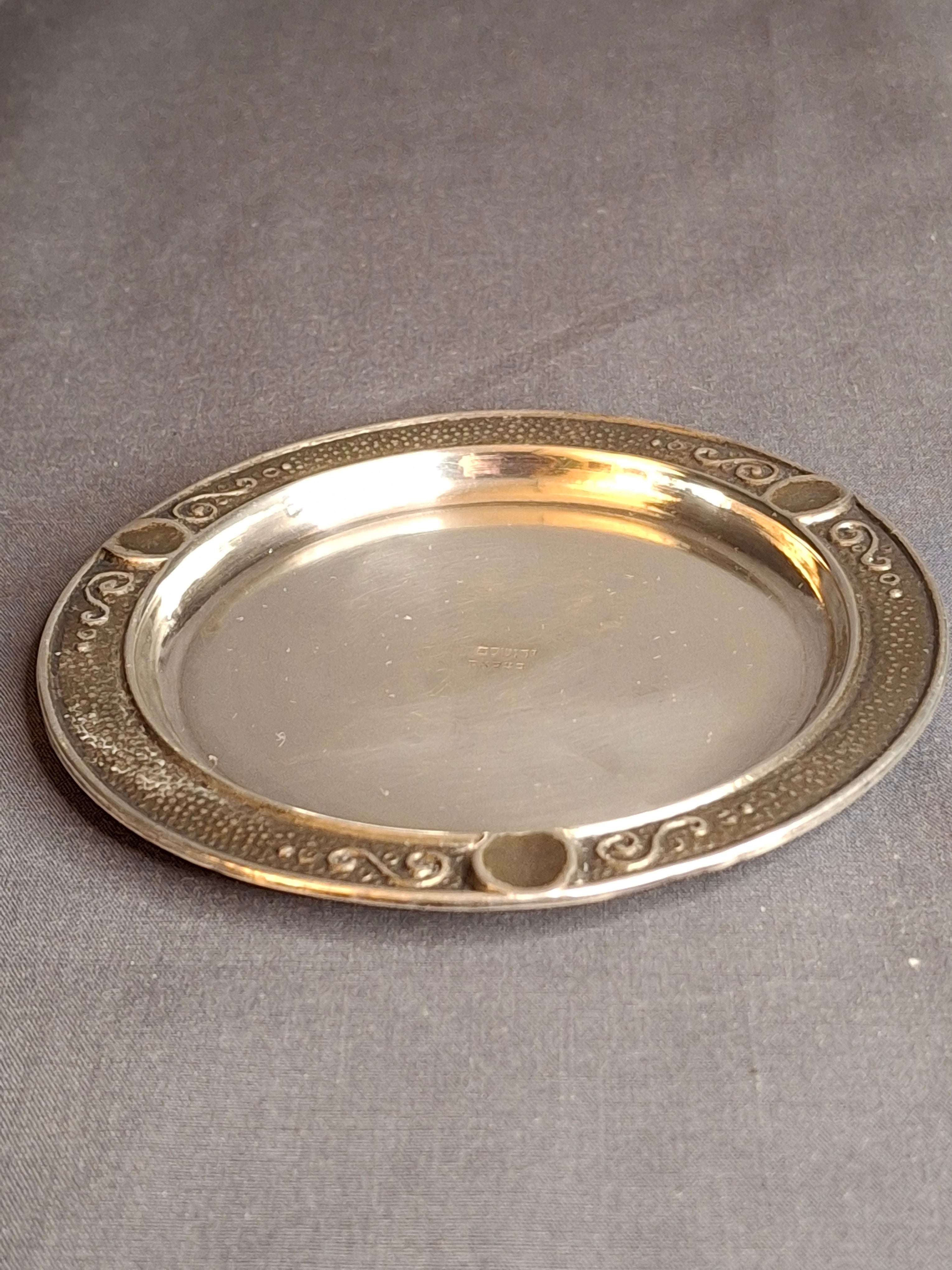 Antique Bezalel Jerusalem Sterling Silver Kiddush Cup Saucer Plate Judaica 925