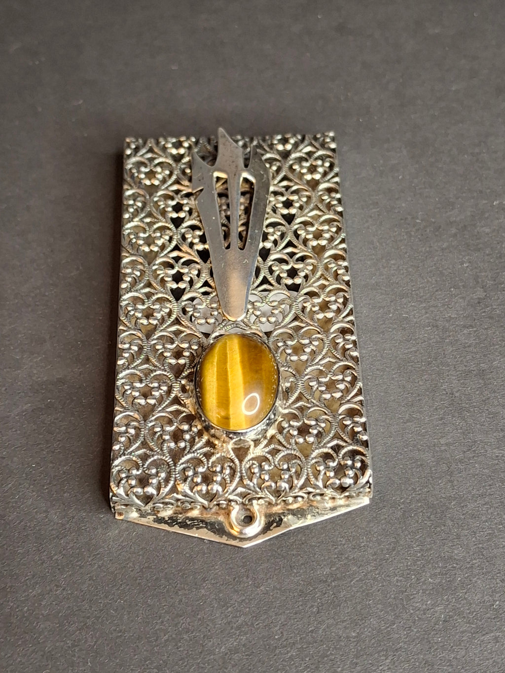 Vintage Israel Sterling Silver 925 Filigree Mezuzah Case Tiger's Eye Stone Judaica