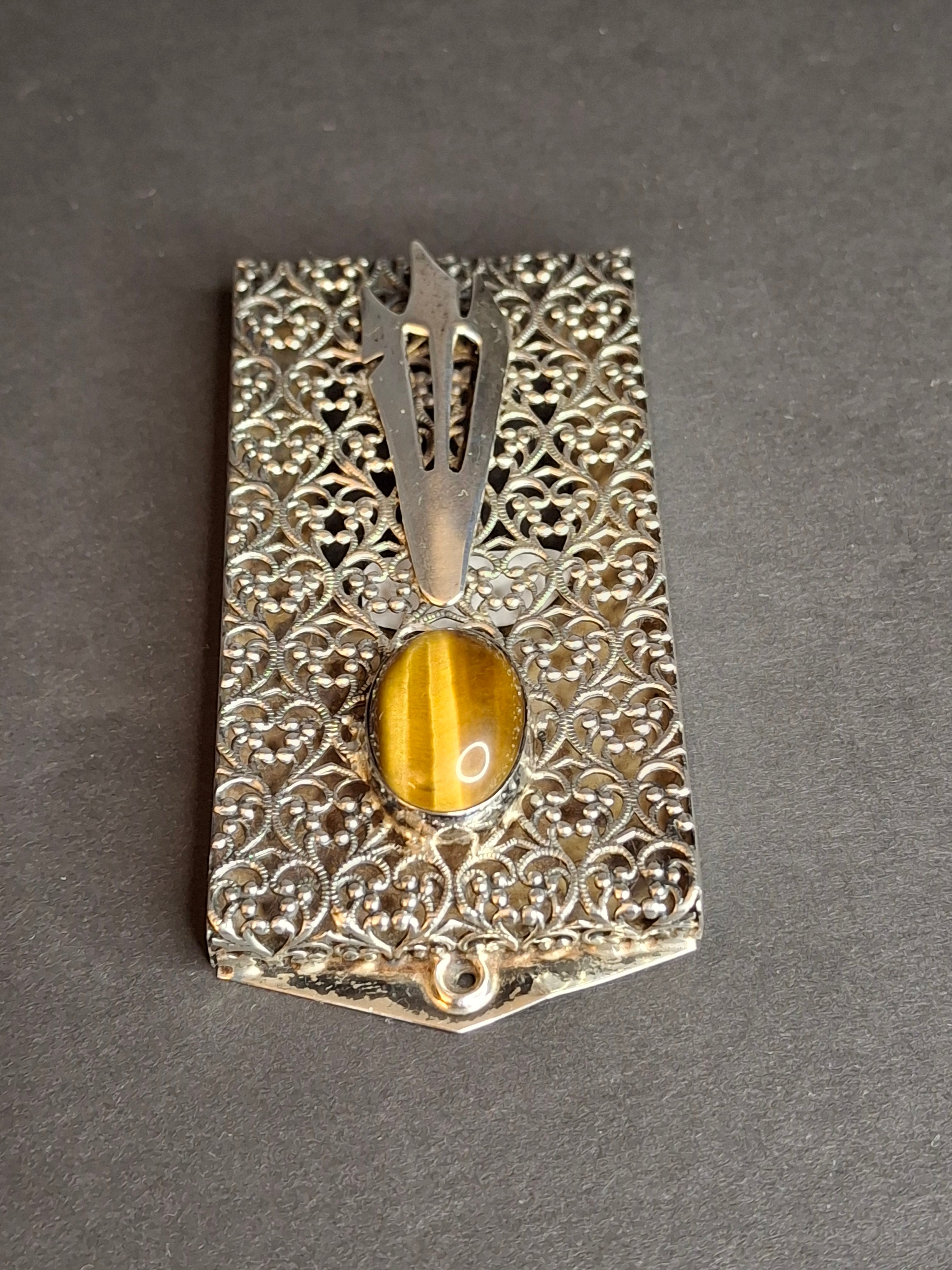 Vintage Israel Sterling Silver 925 Filigree Mezuzah Case Tiger's Eye Stone Judaica