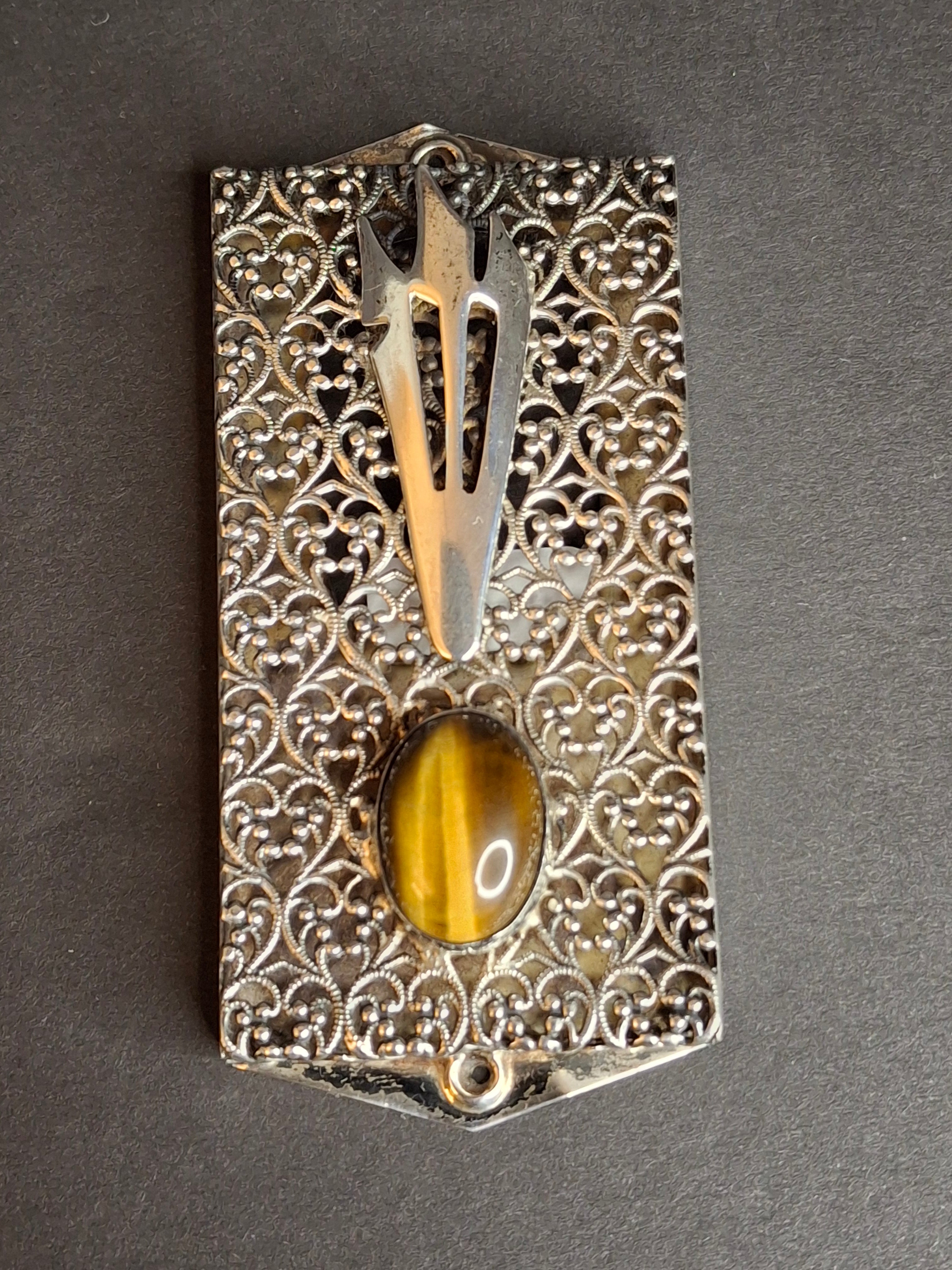 Vintage Israel Sterling Silver 925 Filigree Mezuzah Case Tiger's Eye Stone Judaica