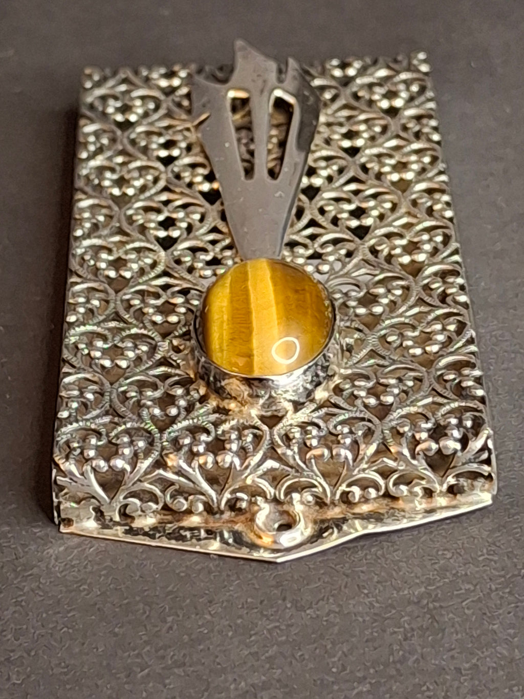 Vintage Israel Sterling Silver 925 Filigree Mezuzah Case Tiger's Eye Stone Judaica