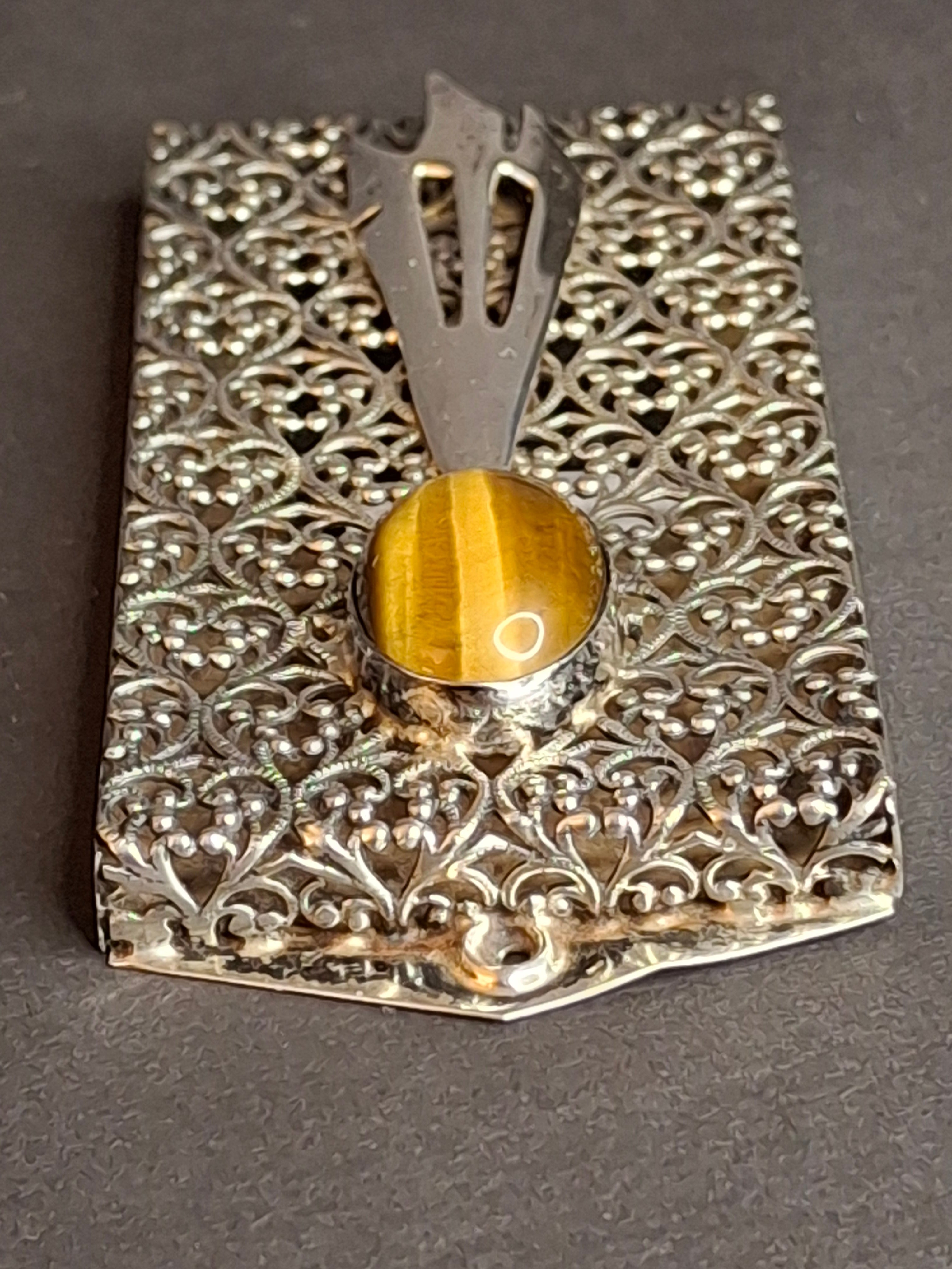 Vintage Israel Sterling Silver 925 Filigree Mezuzah Case Tiger's Eye Stone Judaica