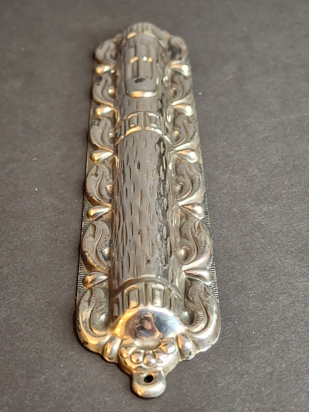 Sterling Silver 925 Repousse Mezuzah Case 6" Bark & Scrollwork