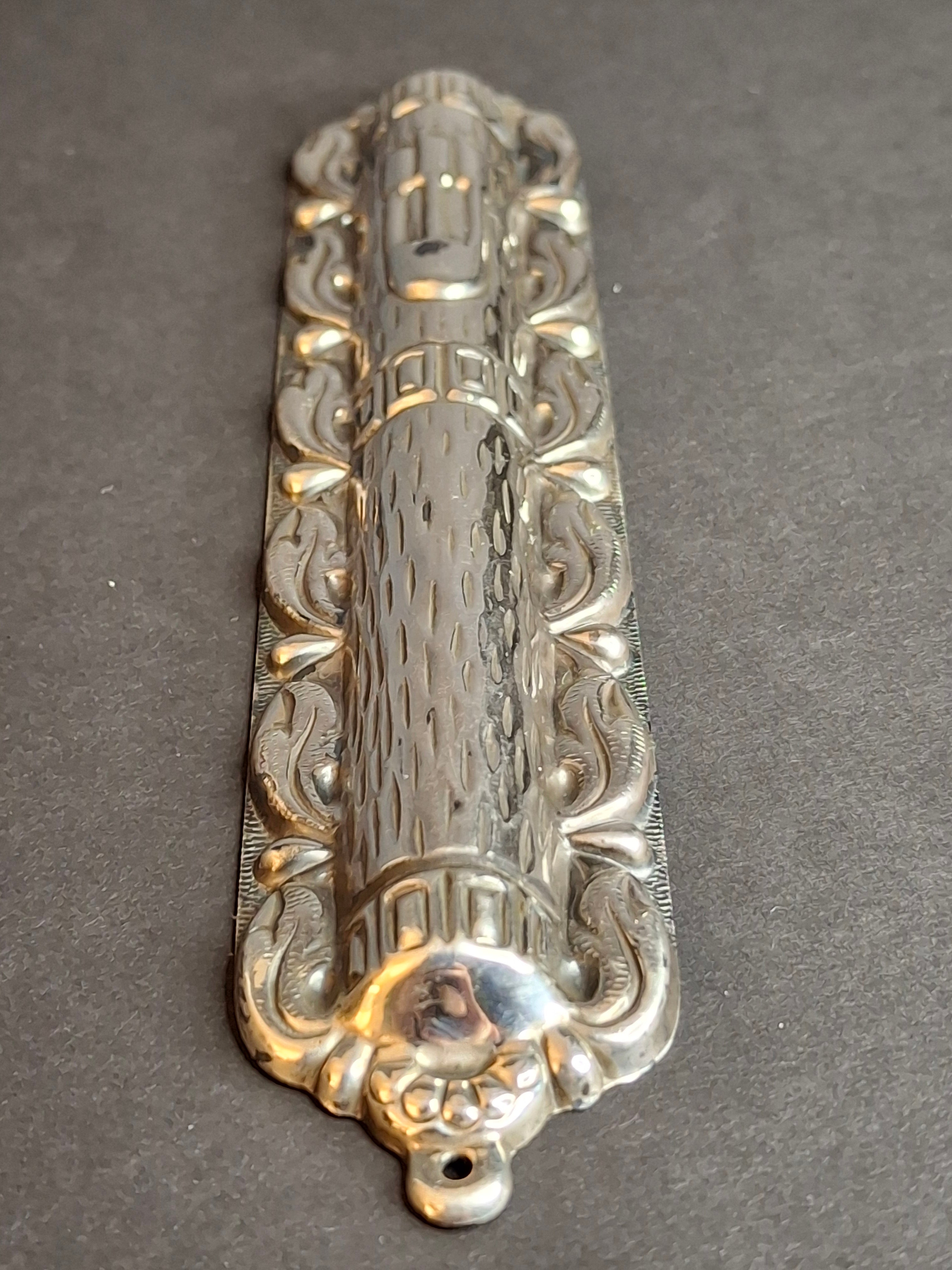 Sterling Silver 925 Repousse Mezuzah Case 6" Bark & Scrollwork