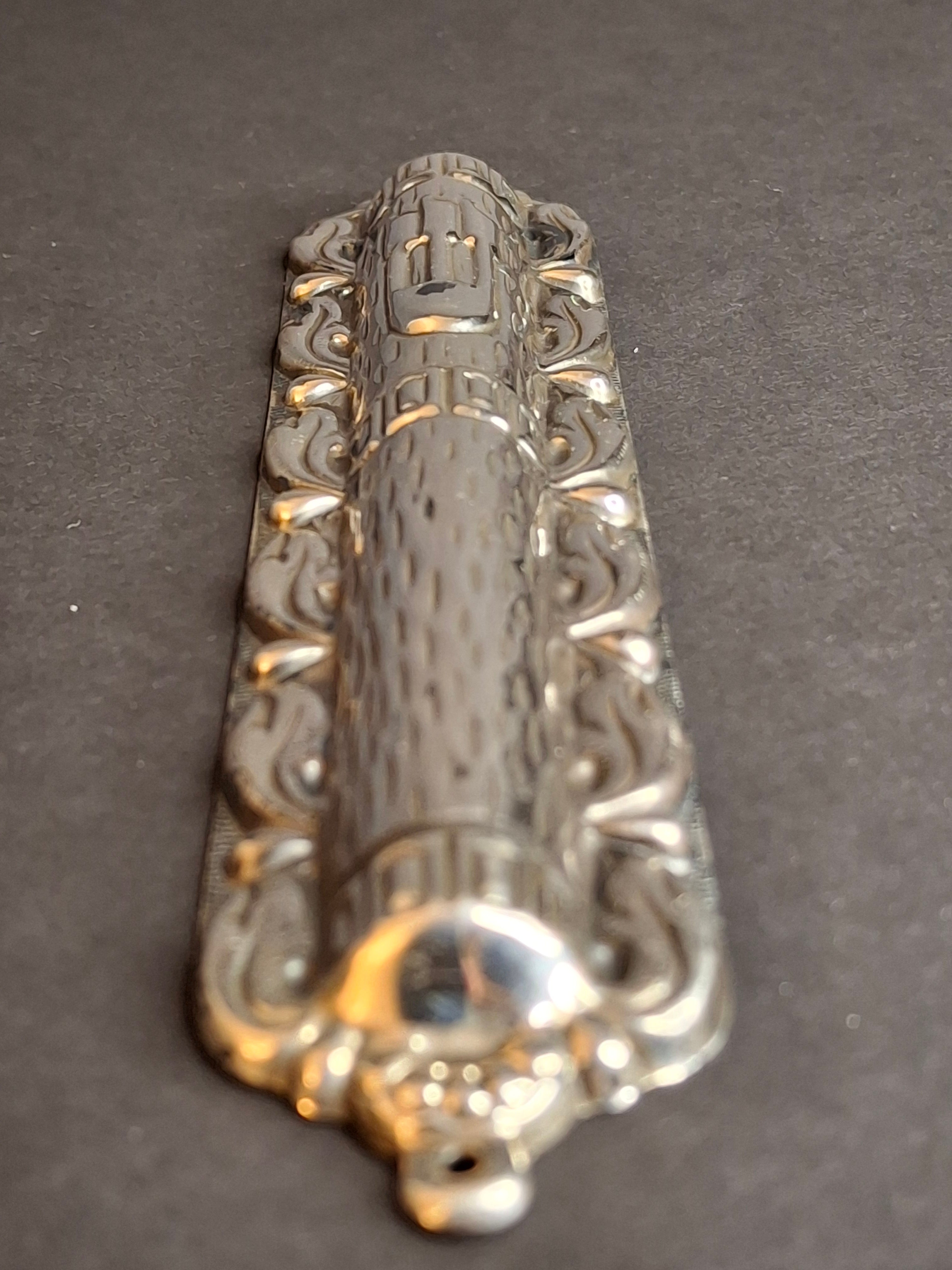 Sterling Silver 925 Repousse Mezuzah Case 6" Bark & Scrollwork
