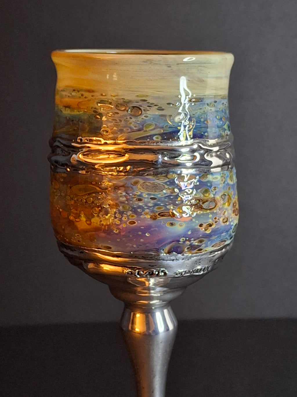 Handcrafted Sterling Silver & Iridescent Art Glass Kiddush Cup - "Borei P'ri Hagafen" Blessing - Judaica Gift