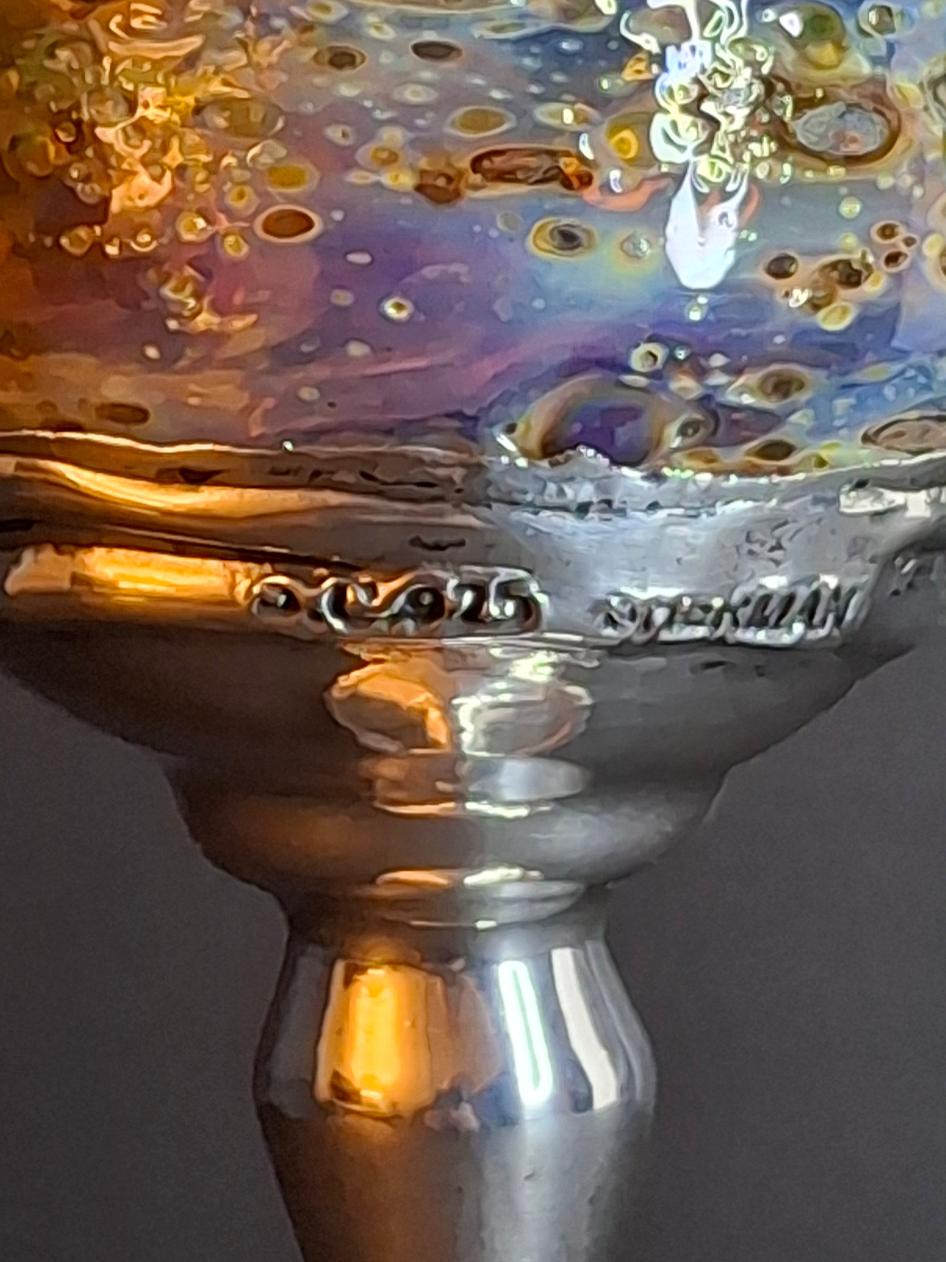 Handcrafted Sterling Silver & Iridescent Art Glass Kiddush Cup - "Borei P'ri Hagafen" Blessing - Judaica Gift