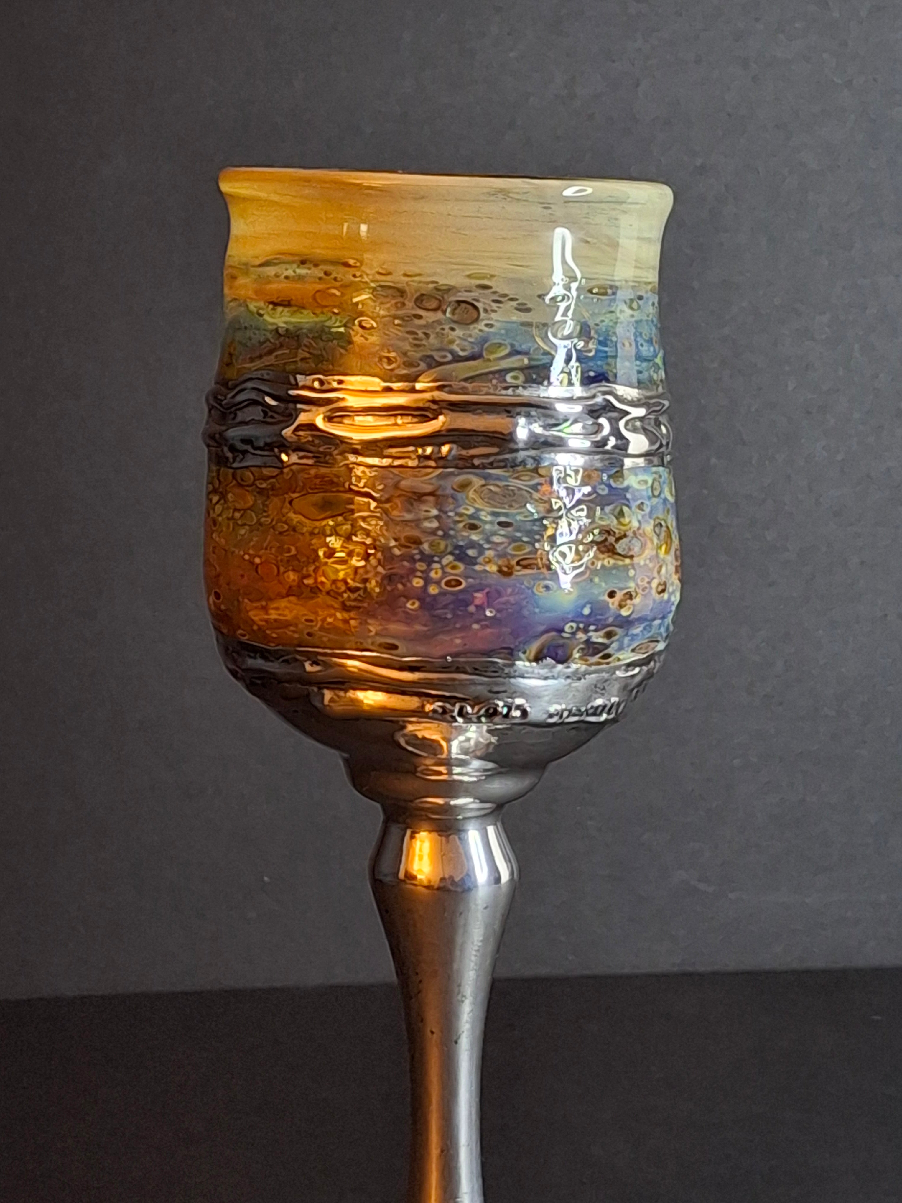 Handcrafted Sterling Silver & Iridescent Art Glass Kiddush Cup - "Borei P'ri Hagafen" Blessing - Judaica Gift