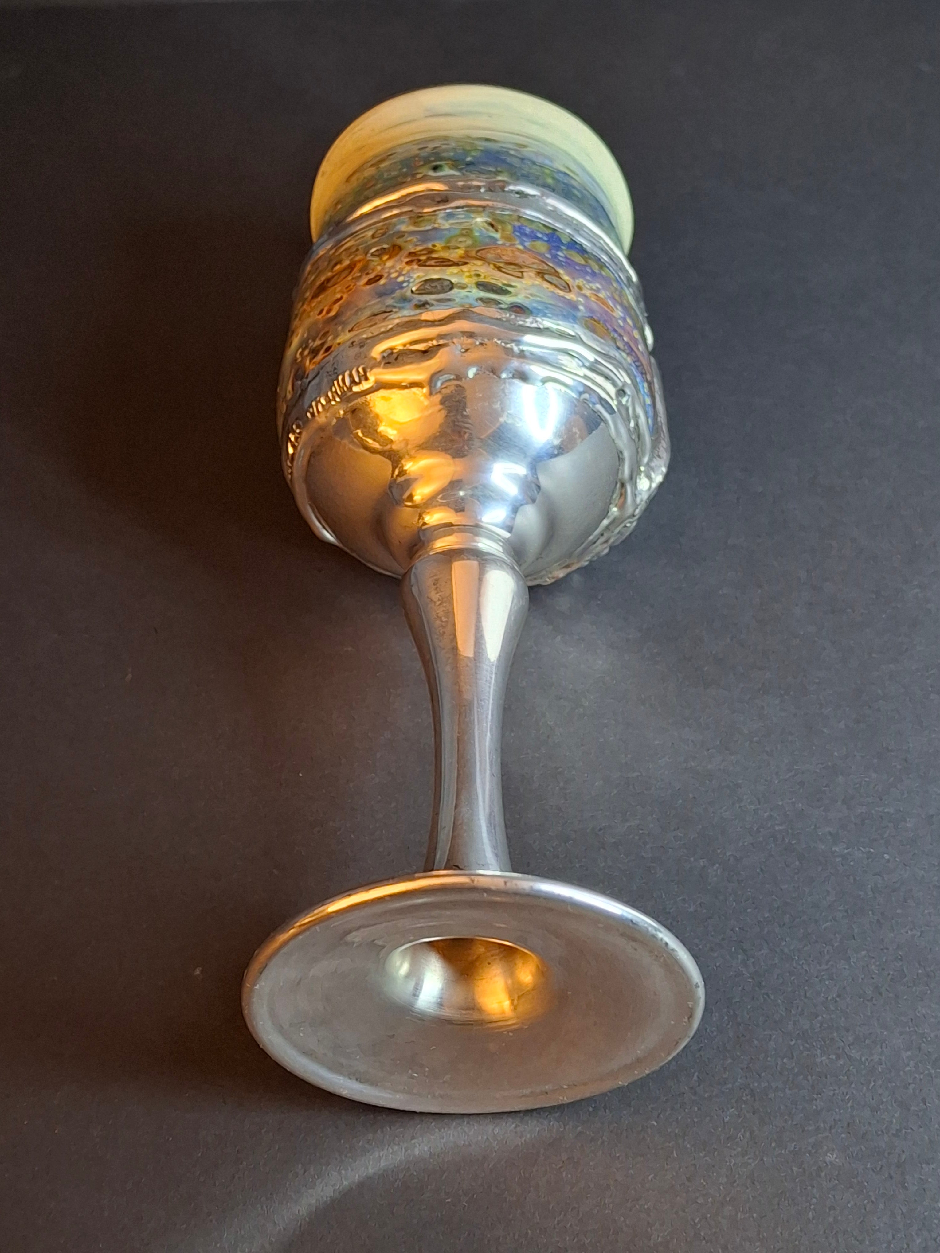 Handcrafted Sterling Silver & Iridescent Art Glass Kiddush Cup - "Borei P'ri Hagafen" Blessing - Judaica Gift