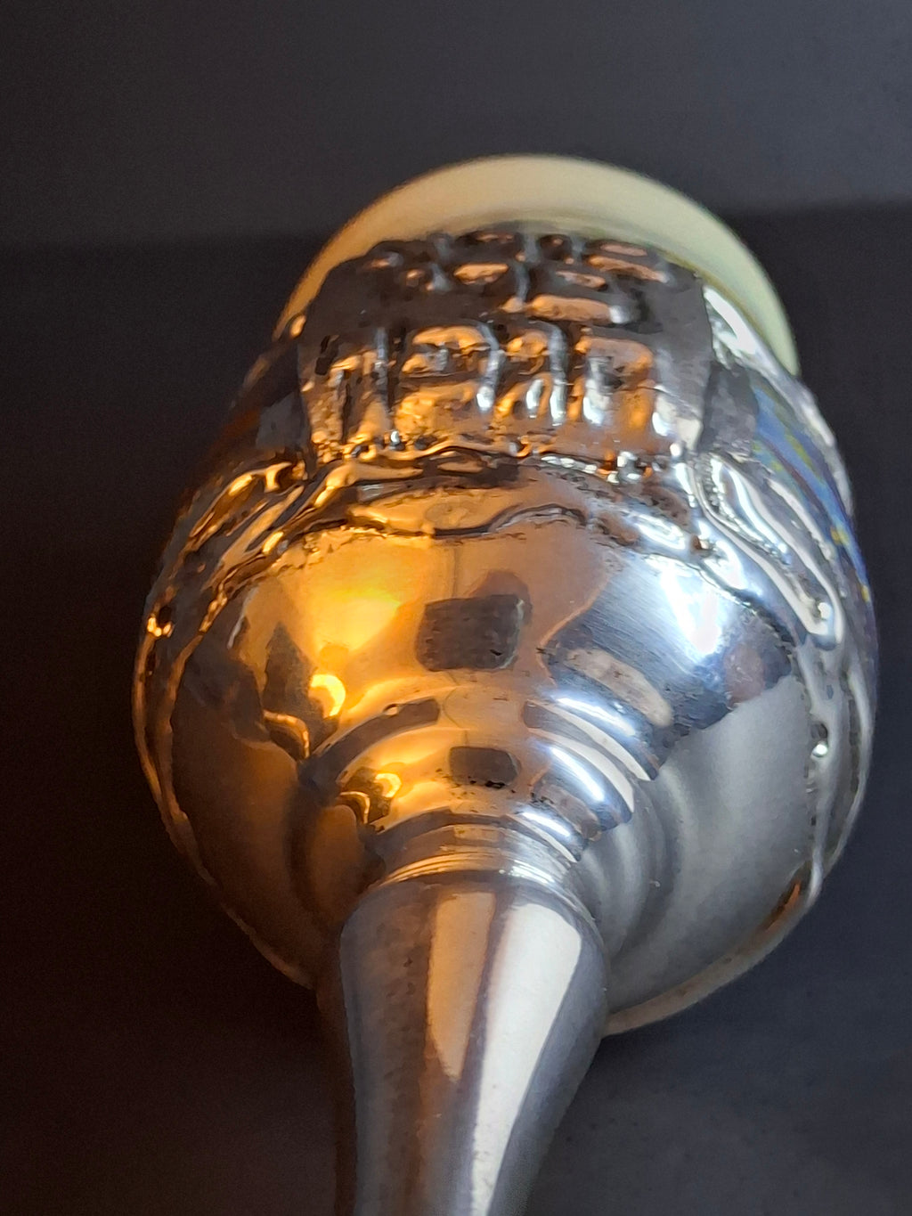 Handcrafted Sterling Silver & Iridescent Art Glass Kiddush Cup - "Borei P'ri Hagafen" Blessing - Judaica Gift