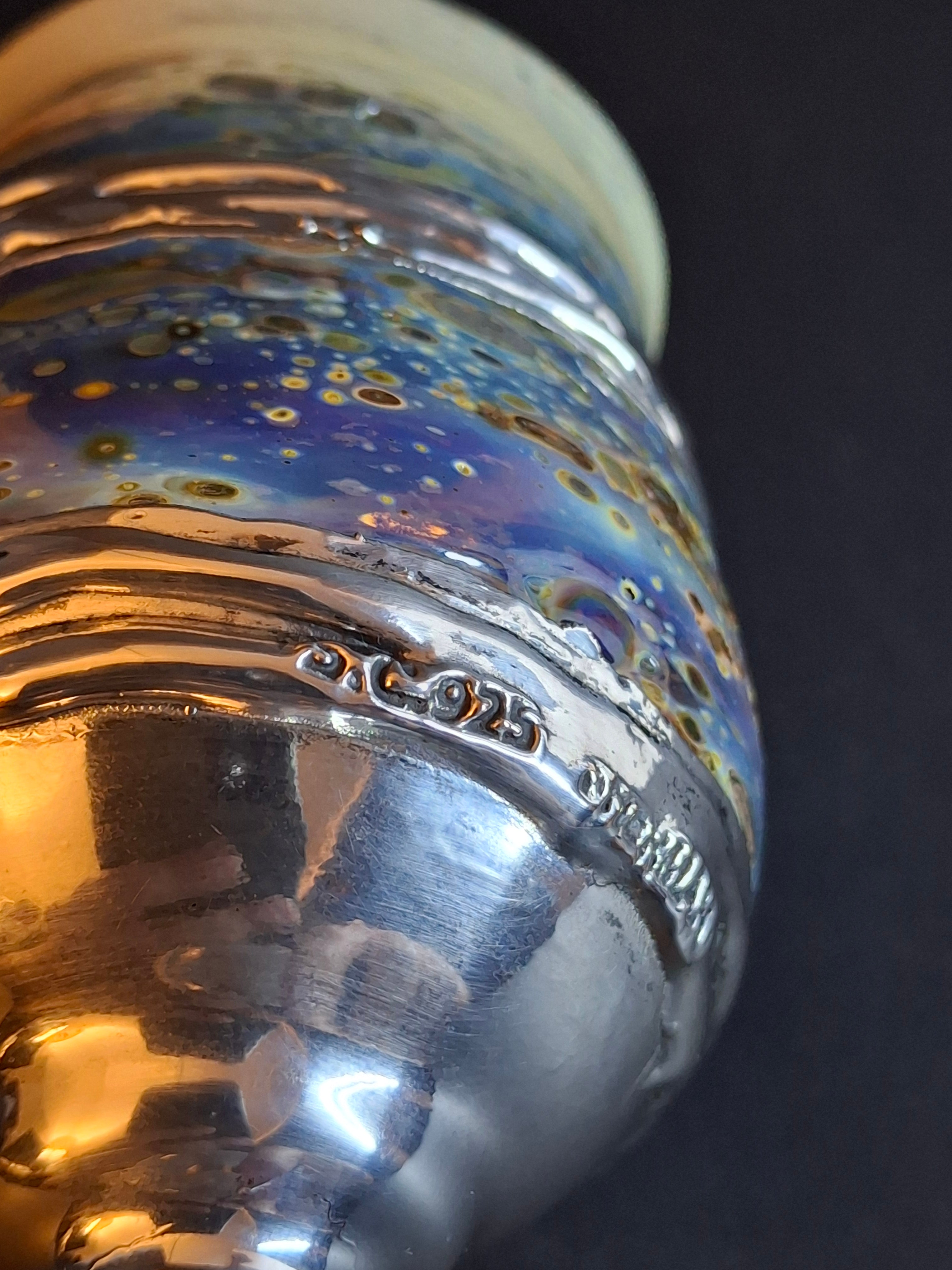 Handcrafted Sterling Silver & Iridescent Art Glass Kiddush Cup - "Borei P'ri Hagafen" Blessing - Judaica Gift