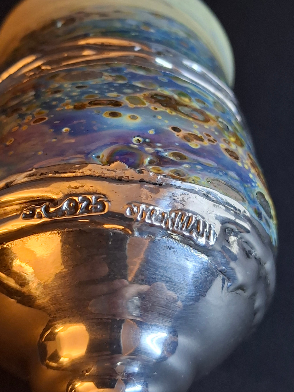 Handcrafted Sterling Silver & Iridescent Art Glass Kiddush Cup - "Borei P'ri Hagafen" Blessing - Judaica Gift