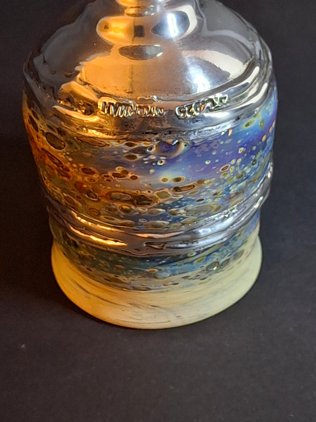 Handcrafted Sterling Silver & Iridescent Art Glass Kiddush Cup - "Borei P'ri Hagafen" Blessing - Judaica Gift
