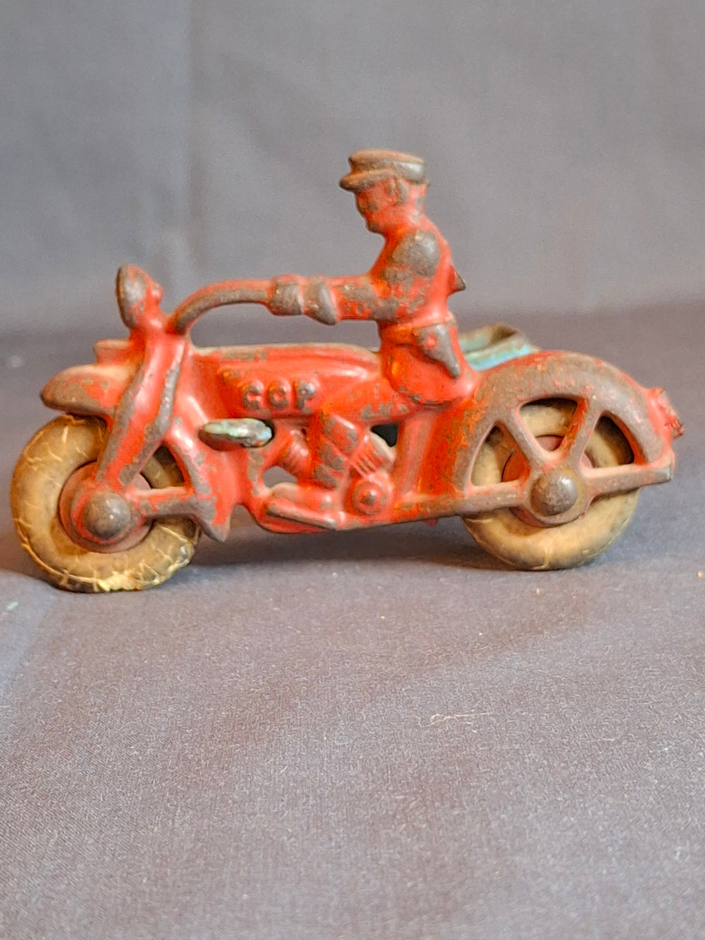 Vintage 1930s Hubley Cast Iron COP Police Motorcycle w/ Sidecar Toy 1724B Original Paint
