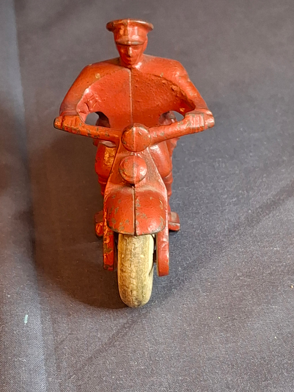 Antique 1930s Hubley Cast Iron Police Motorcycle Toy Red Cop Original Tires 4"