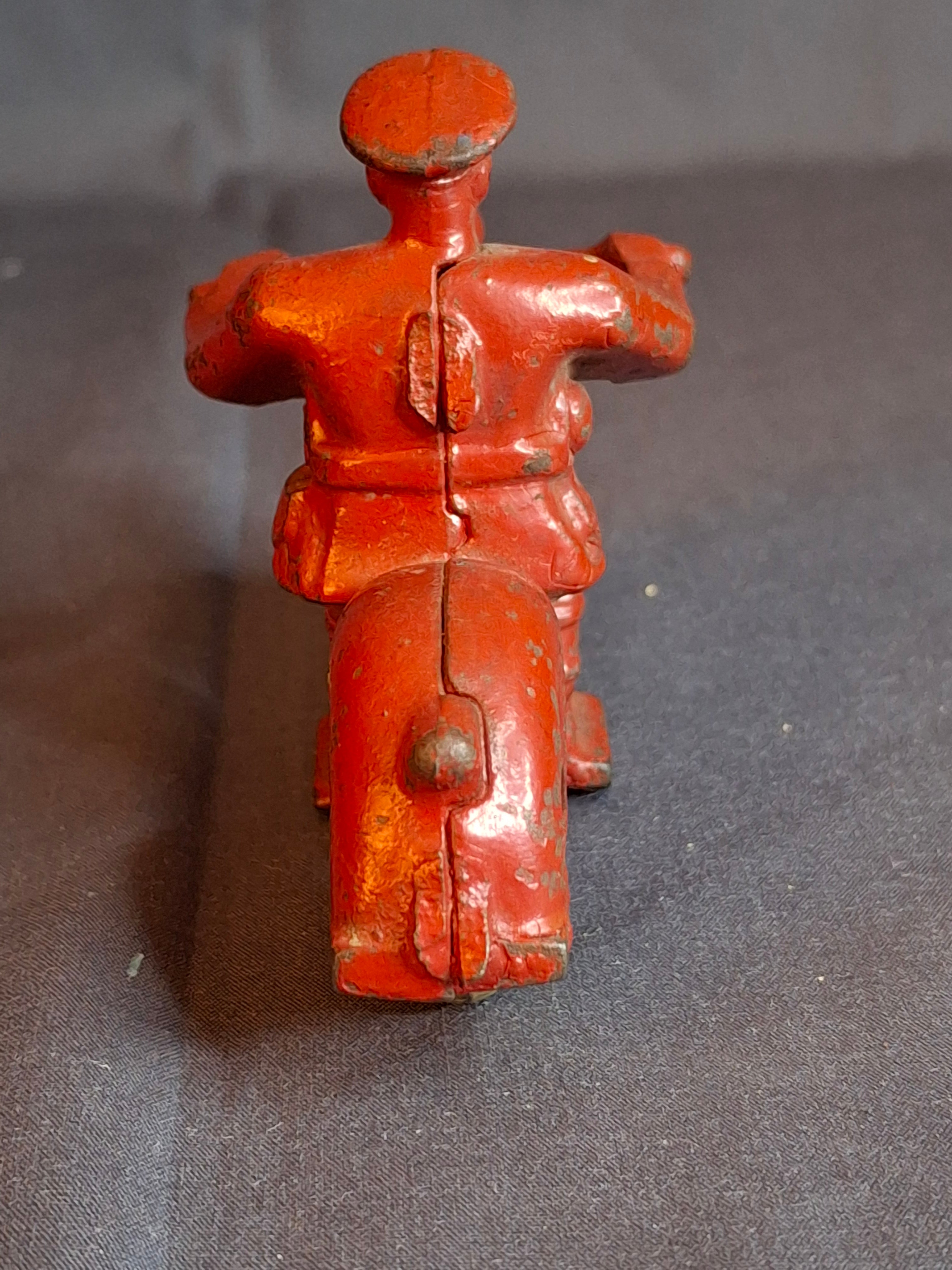 Antique 1930s Hubley Cast Iron Police Motorcycle Toy Red Cop Original Tires 4"