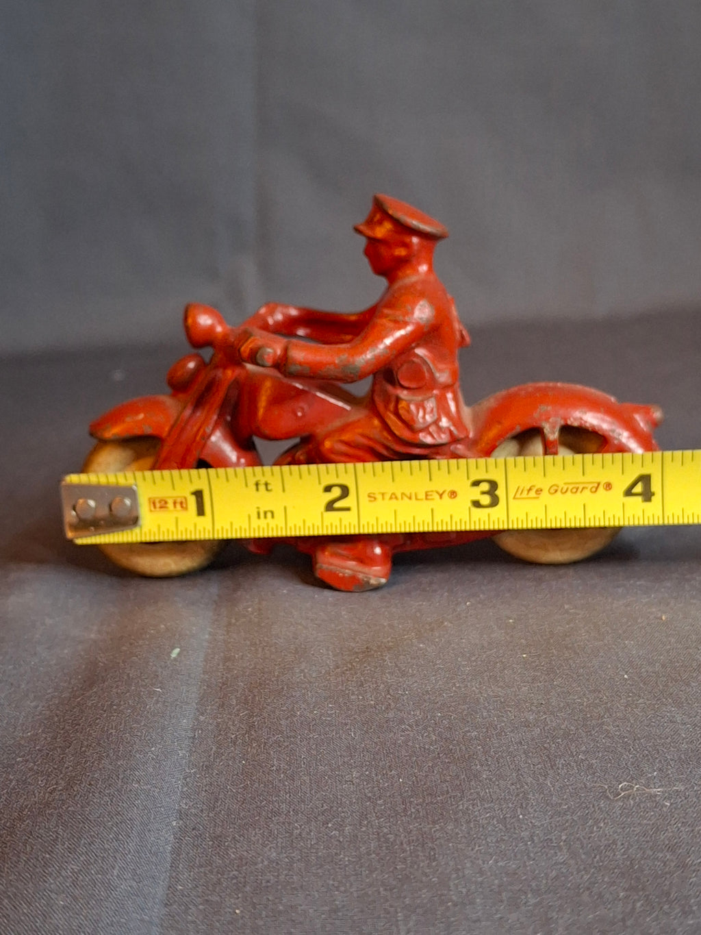 Antique 1930s Hubley Cast Iron Police Motorcycle Toy Red Cop Original Tires 4"