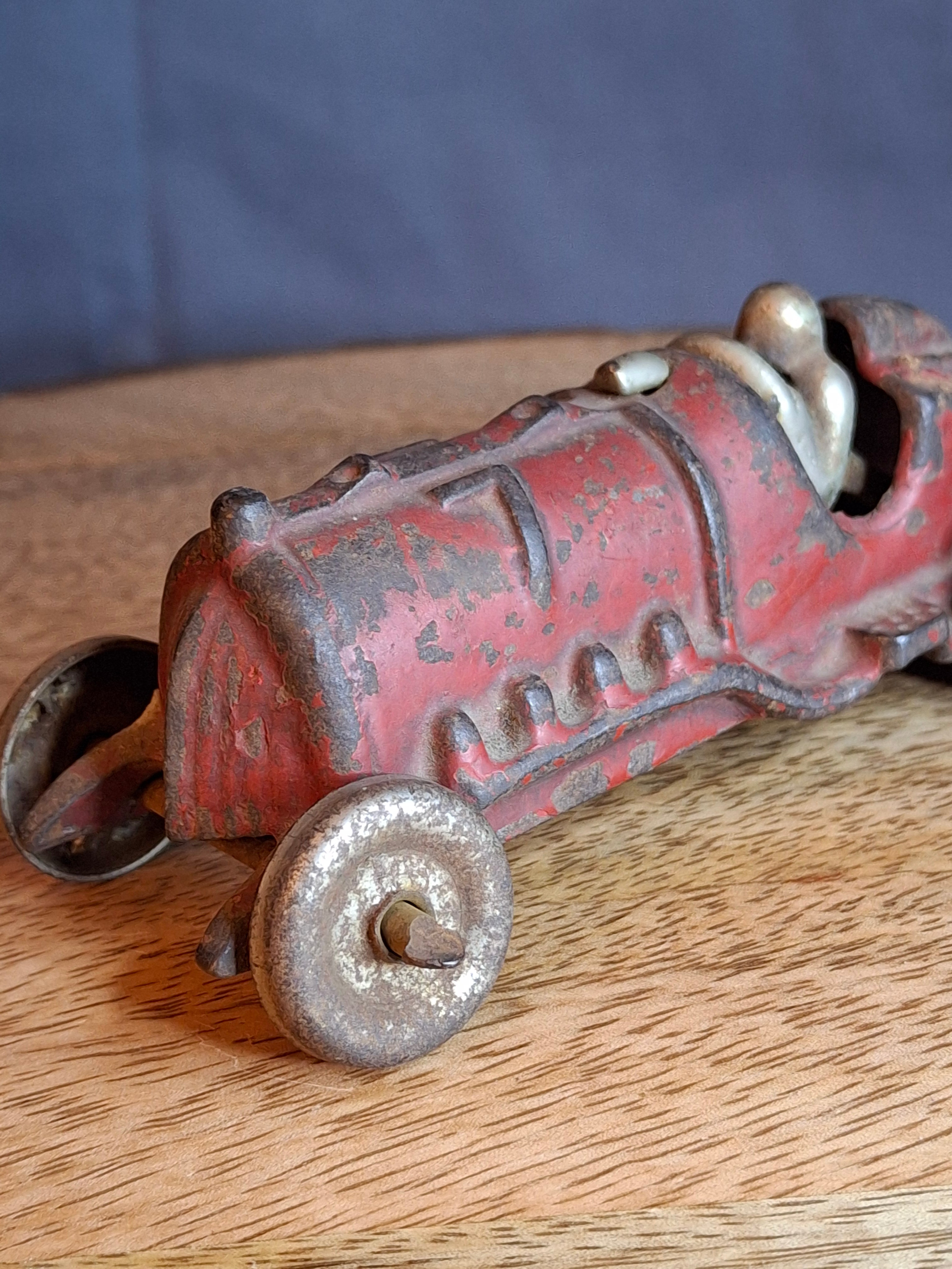 Antique Hubley Cast Iron Race Car No. 7 Vintage 1930s Toy Racer w/ Driver 5"