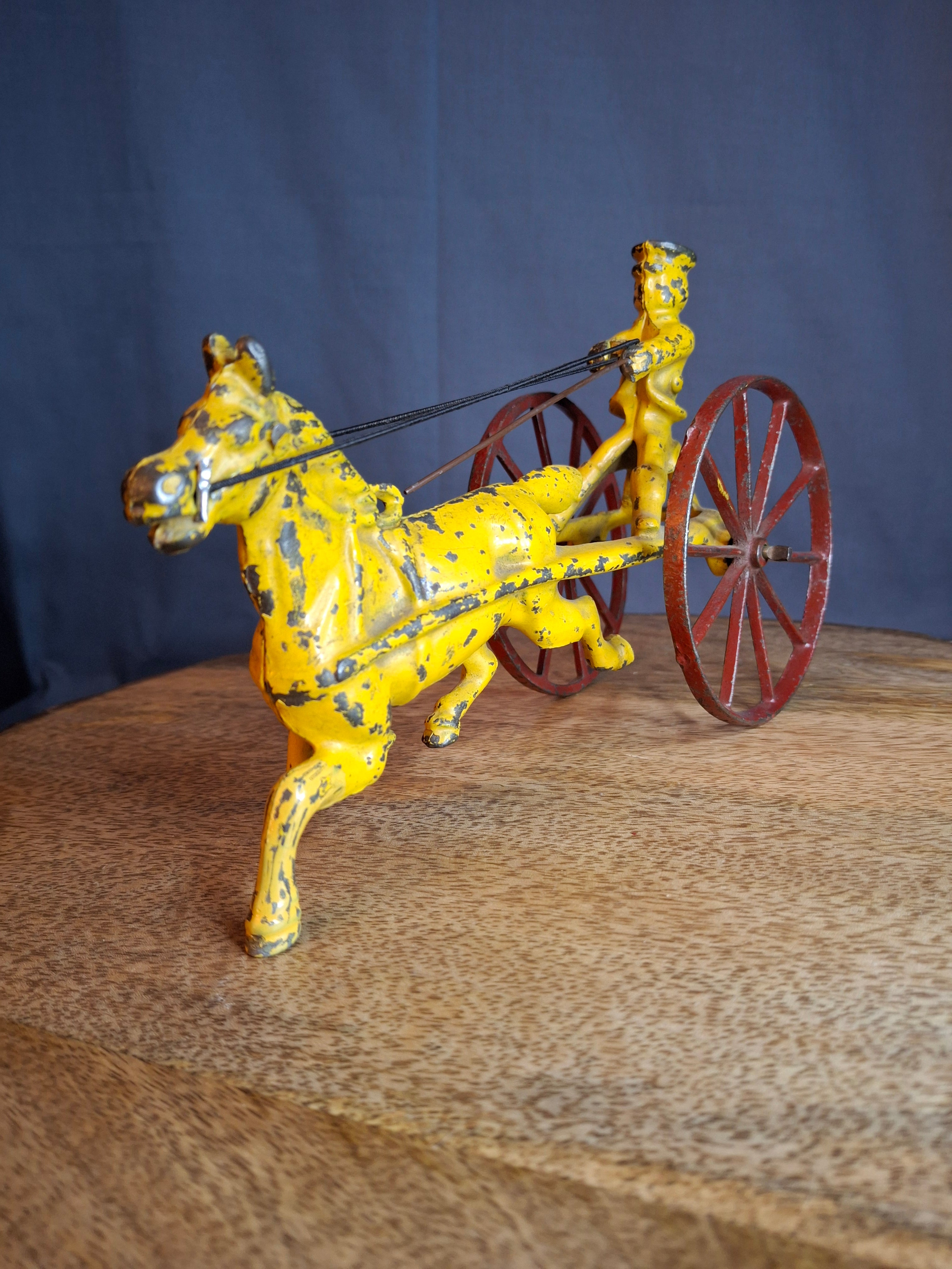 Antique Hubley Cast Iron Horse Sulky Toy Cart Driver Yellow Red Wheels C. 1920s