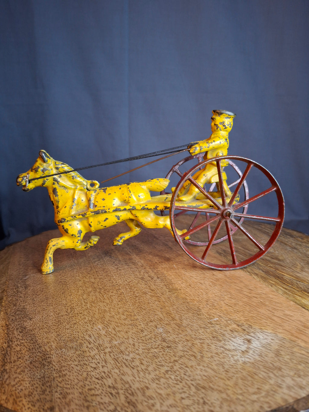 Antique Hubley Cast Iron Horse Sulky Toy Cart Driver Yellow Red Wheels C. 1920s