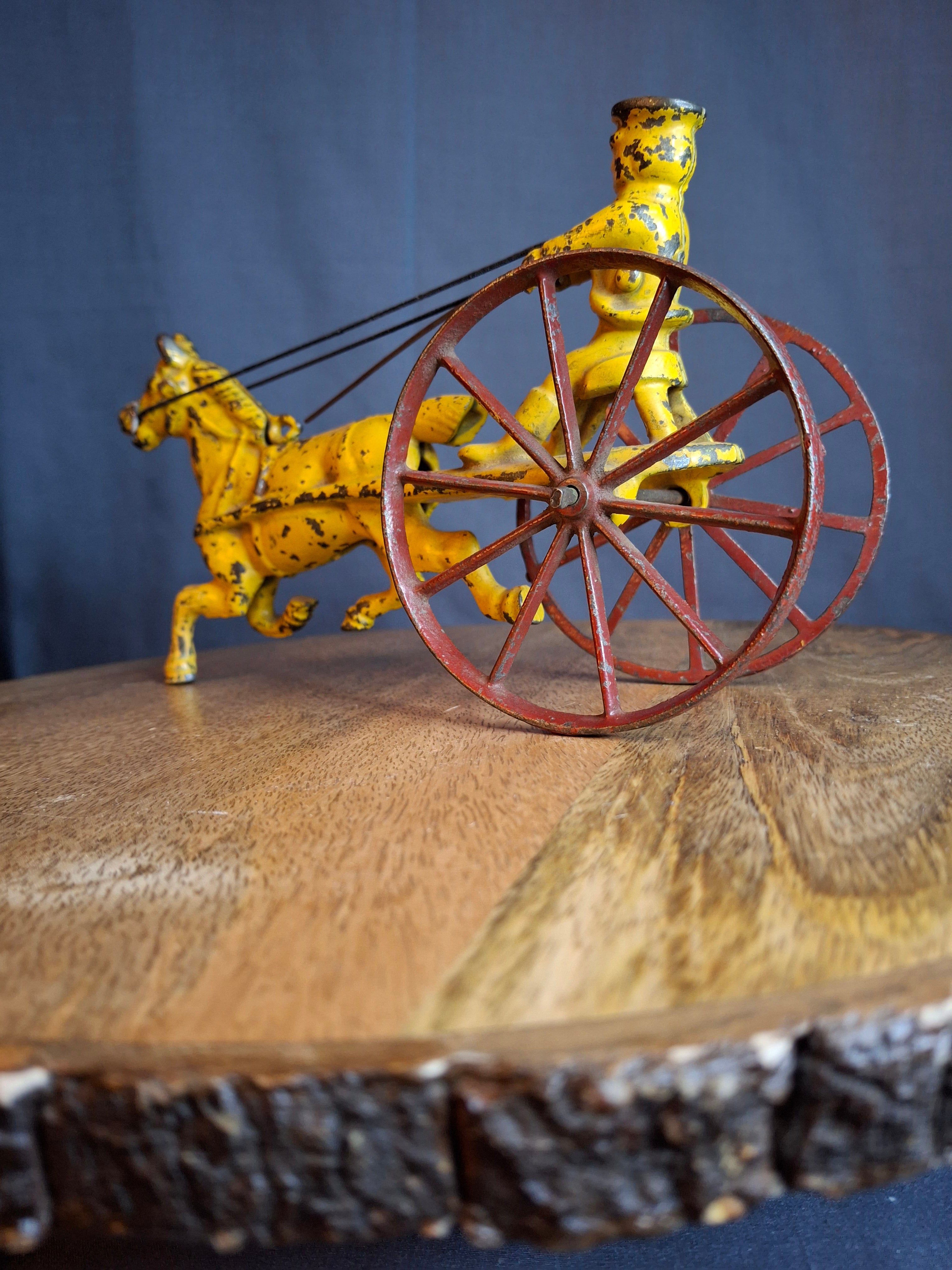 Antique Hubley Cast Iron Horse Sulky Toy Cart Driver Yellow Red Wheels C. 1920s