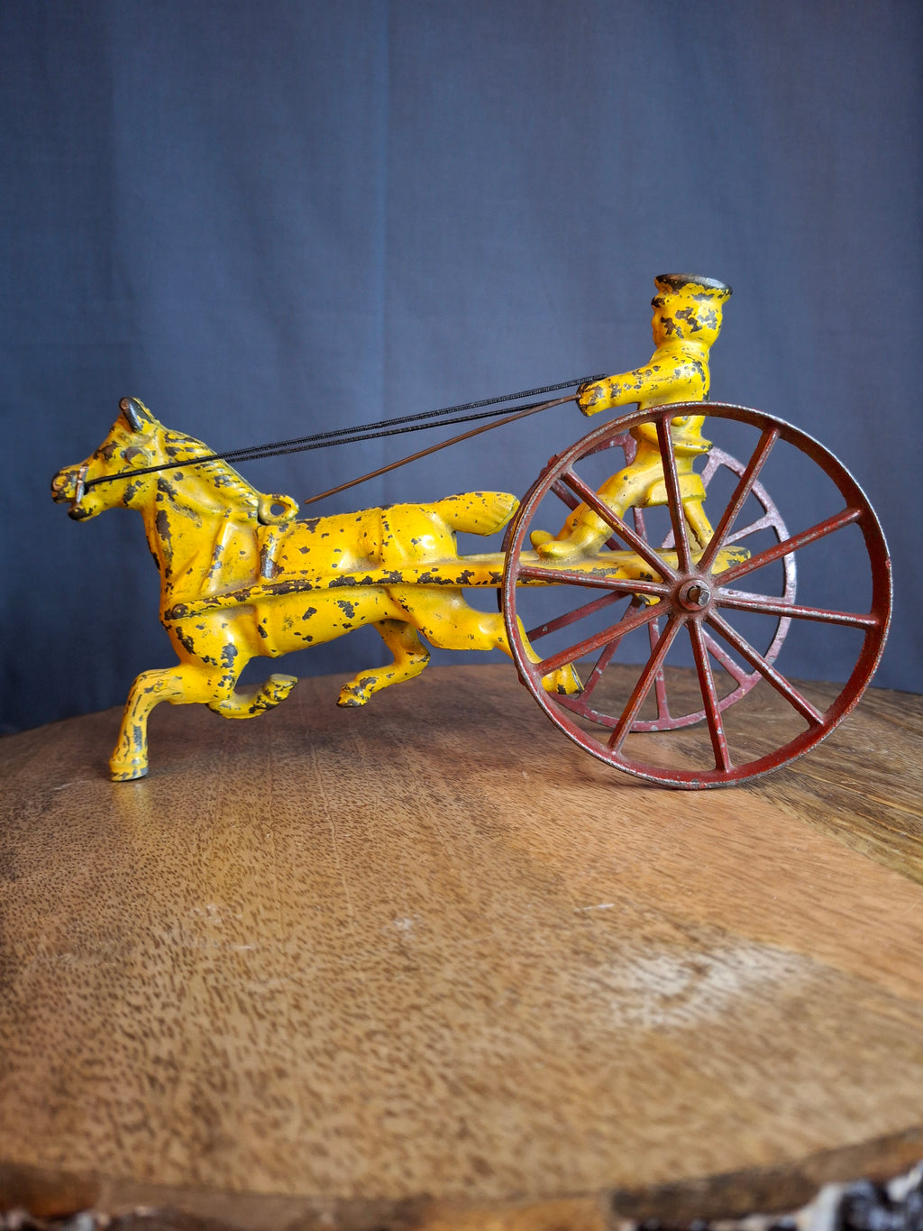 Antique Hubley Cast Iron Horse Sulky Toy Cart Driver Yellow Red Wheels C. 1920s