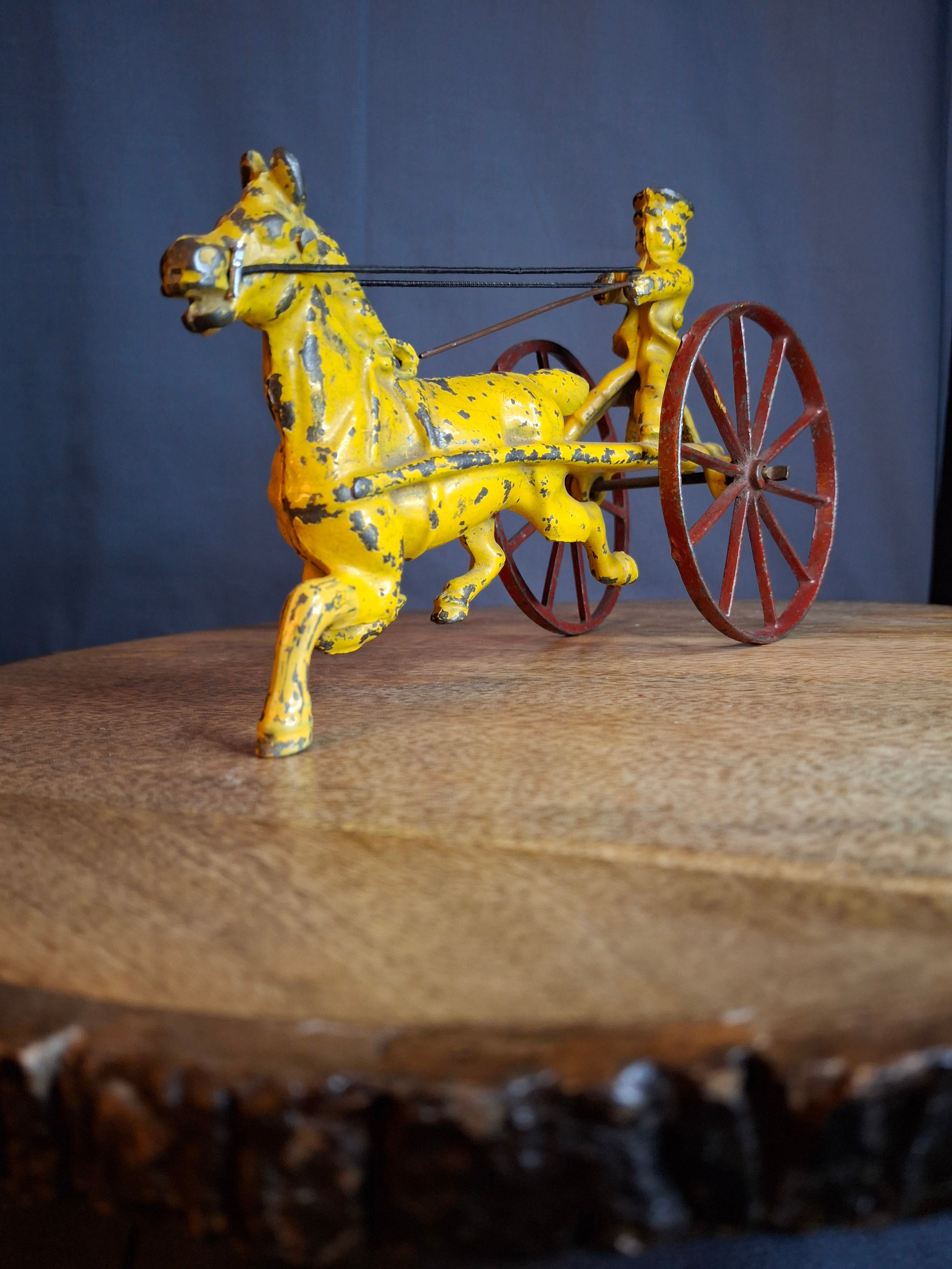 Antique Hubley Cast Iron Horse Sulky Toy Cart Driver Yellow Red Wheels C. 1920s
