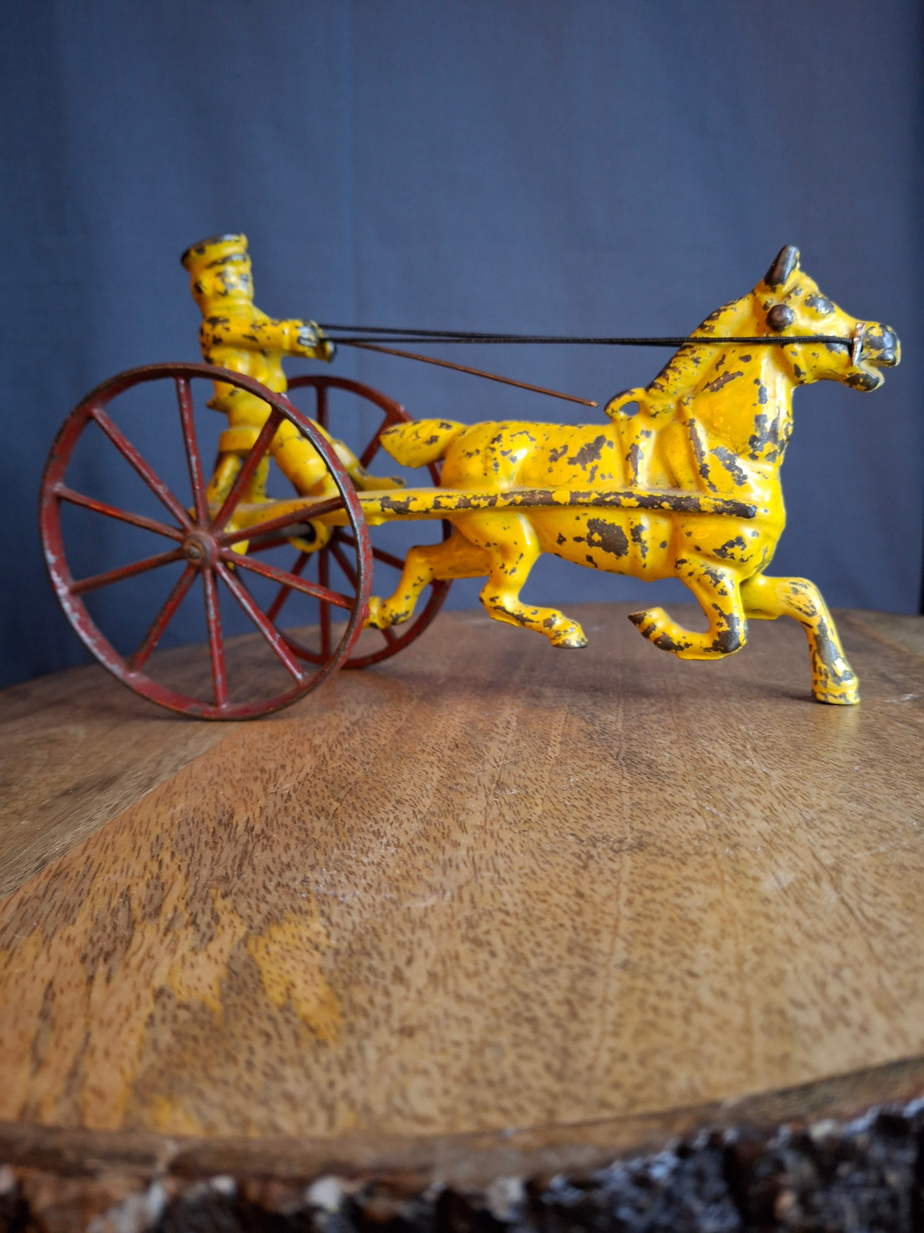 Antique Hubley Cast Iron Horse Sulky Toy Cart Driver Yellow Red Wheels C. 1920s