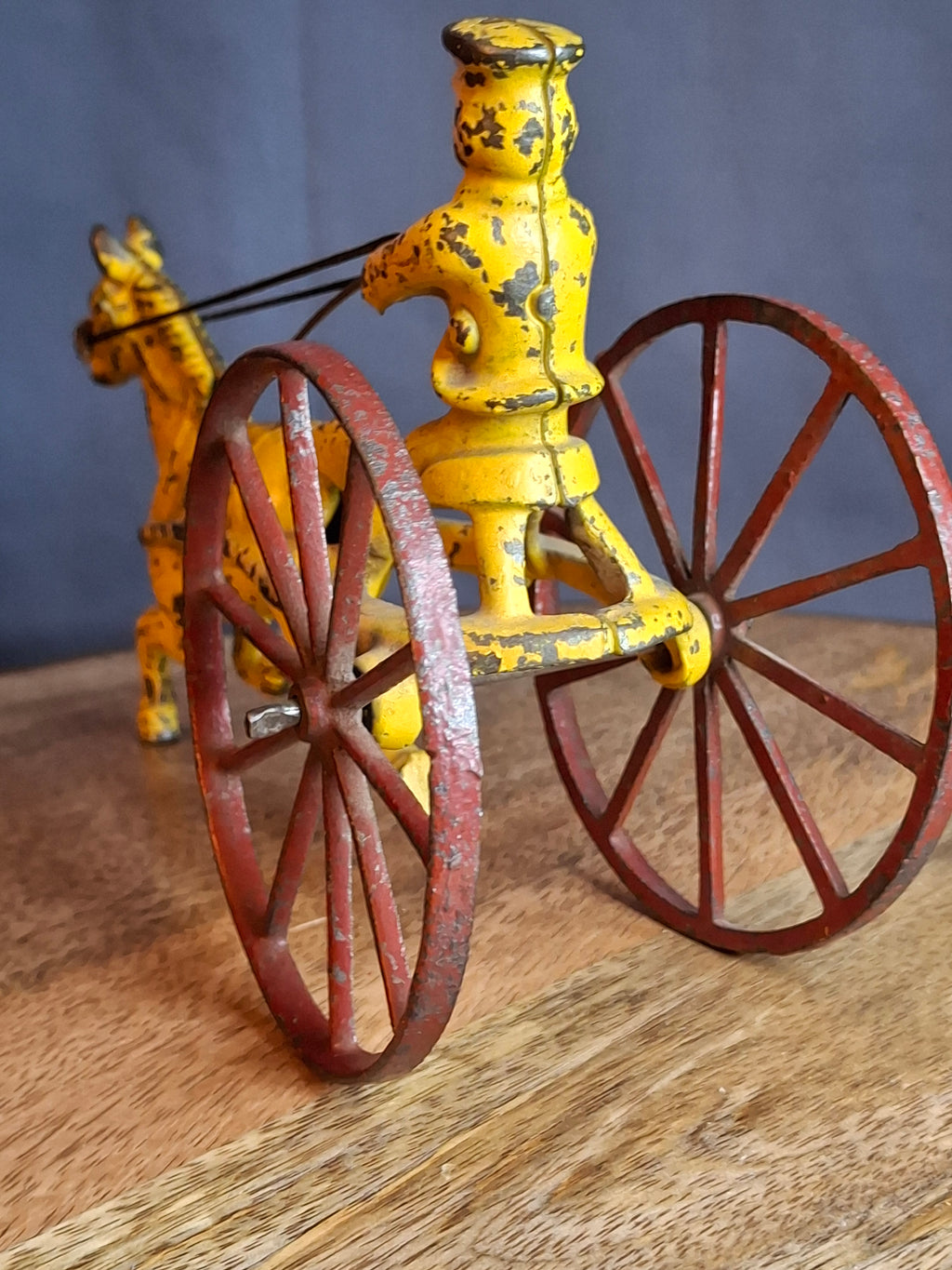 Antique Hubley Cast Iron Horse Sulky Toy Cart Driver Yellow Red Wheels C. 1920s