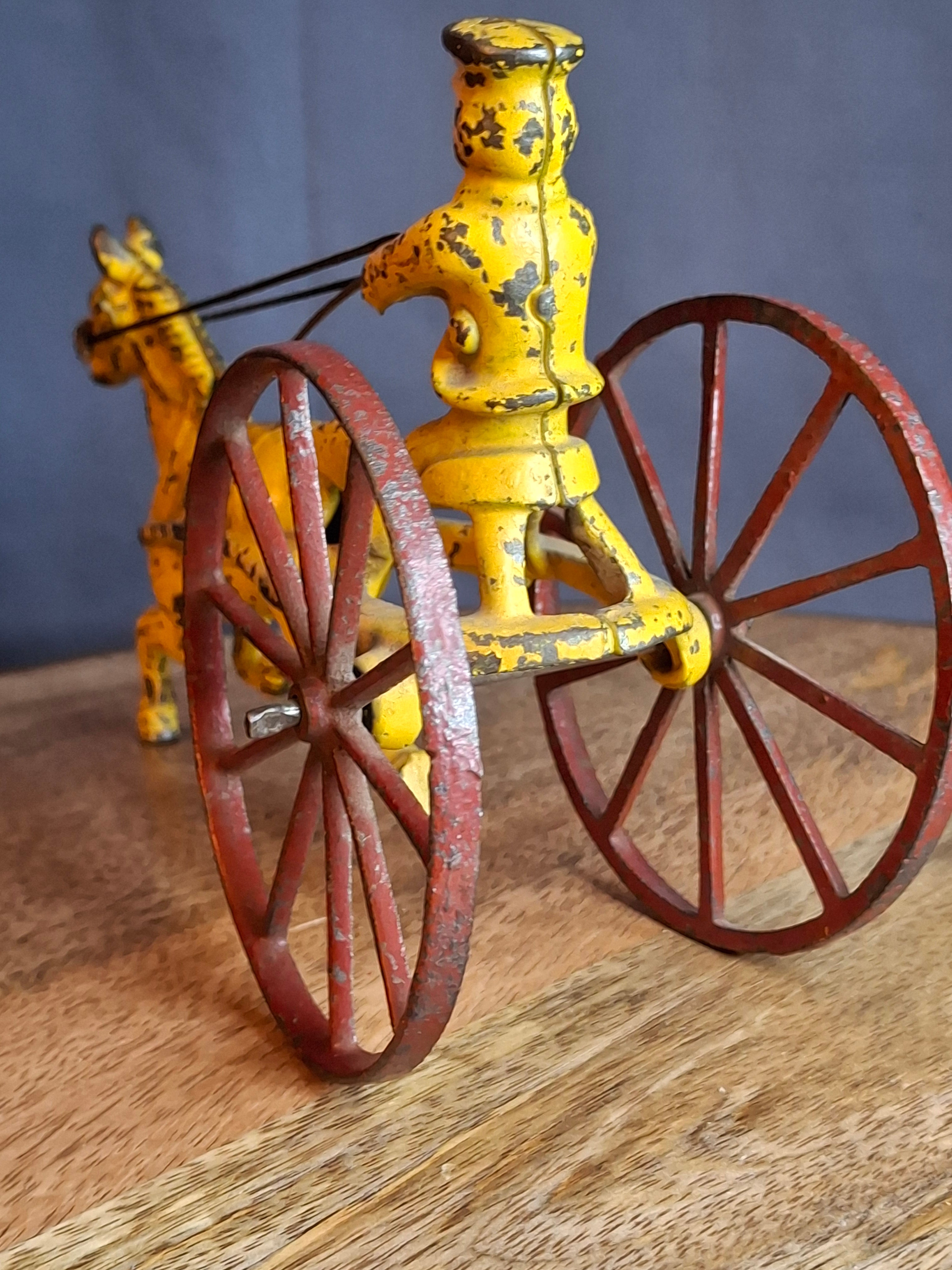 Antique Hubley Cast Iron Horse Sulky Toy Cart Driver Yellow Red Wheels C. 1920s