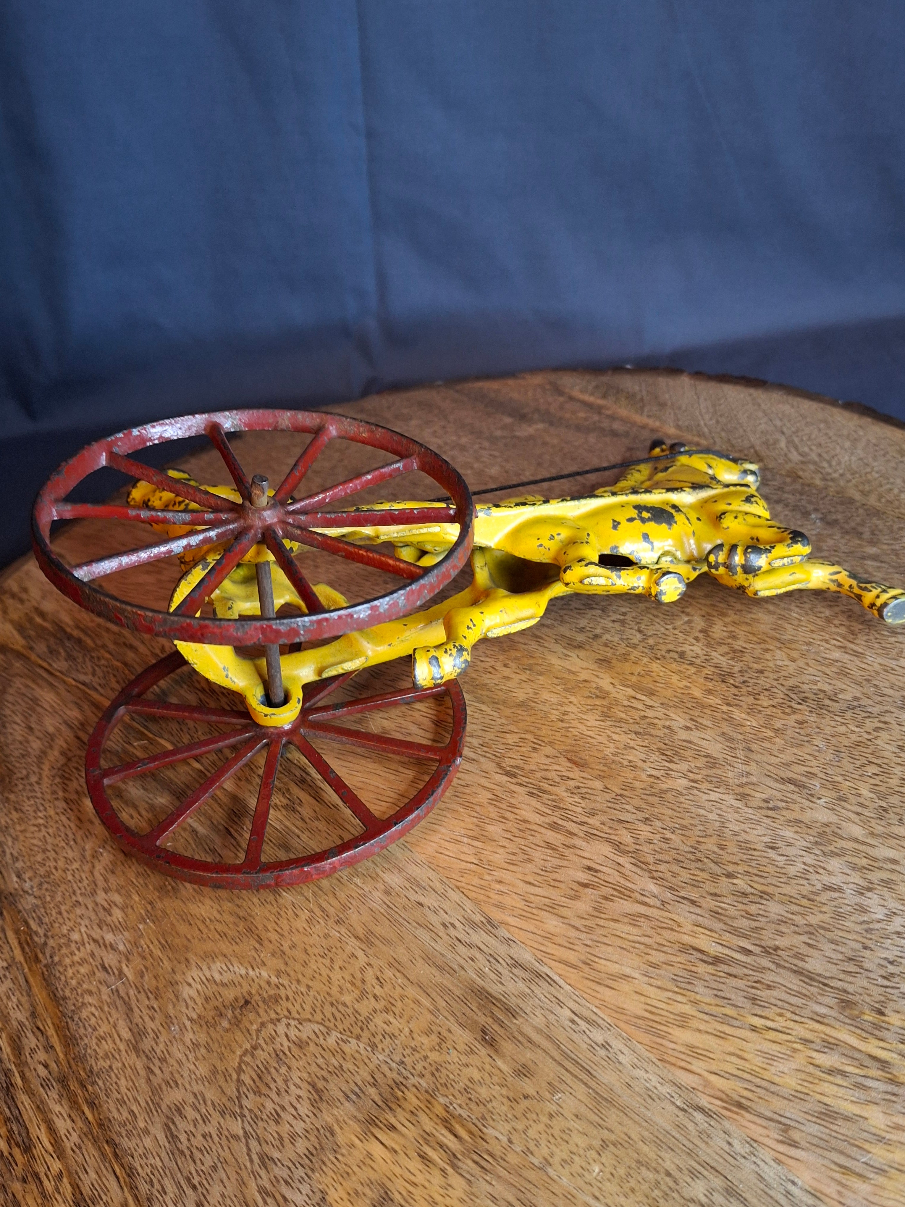 Antique Hubley Cast Iron Horse Sulky Toy Cart Driver Yellow Red Wheels C. 1920s