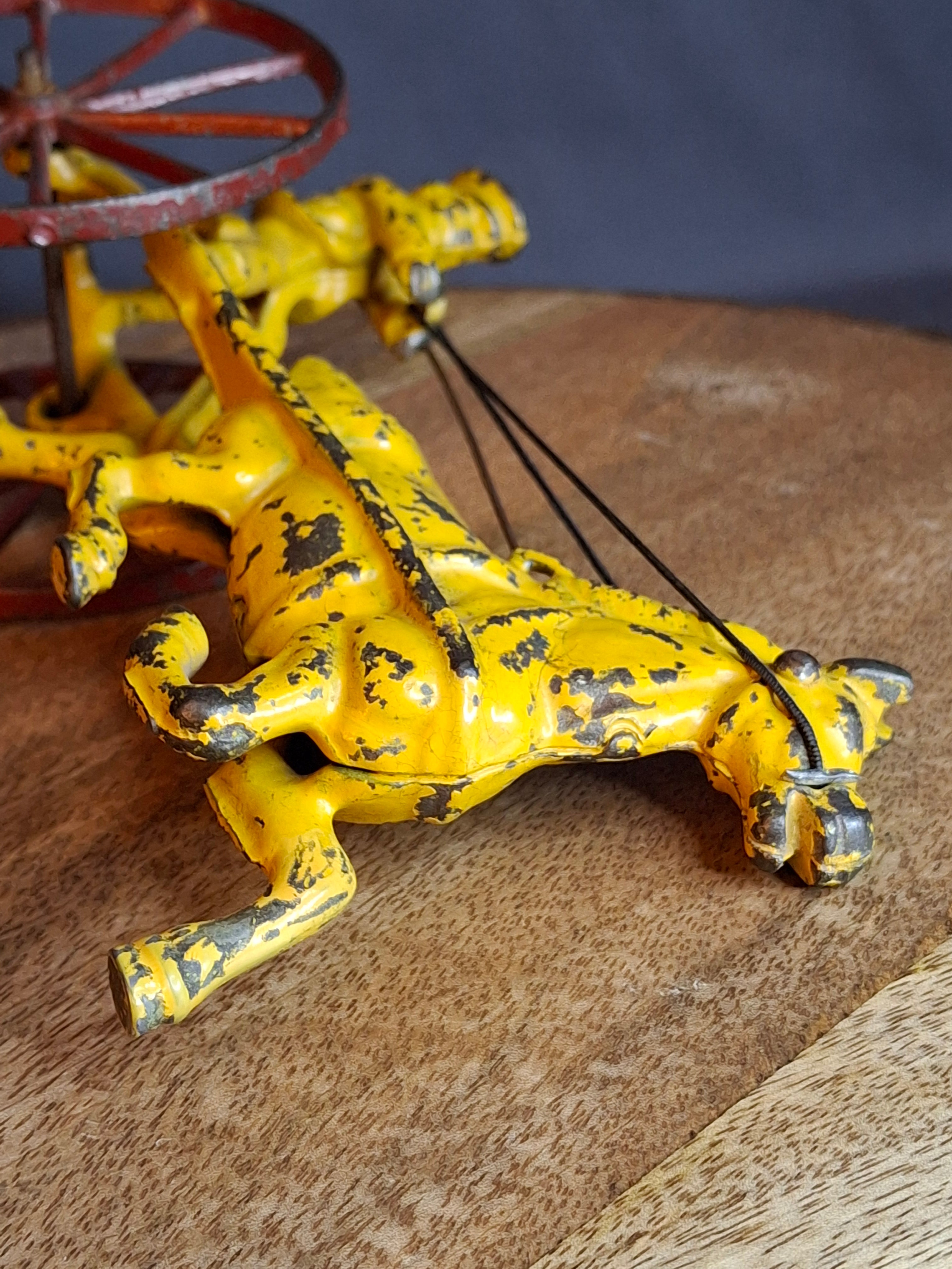 Antique Hubley Cast Iron Horse Sulky Toy Cart Driver Yellow Red Wheels C. 1920s