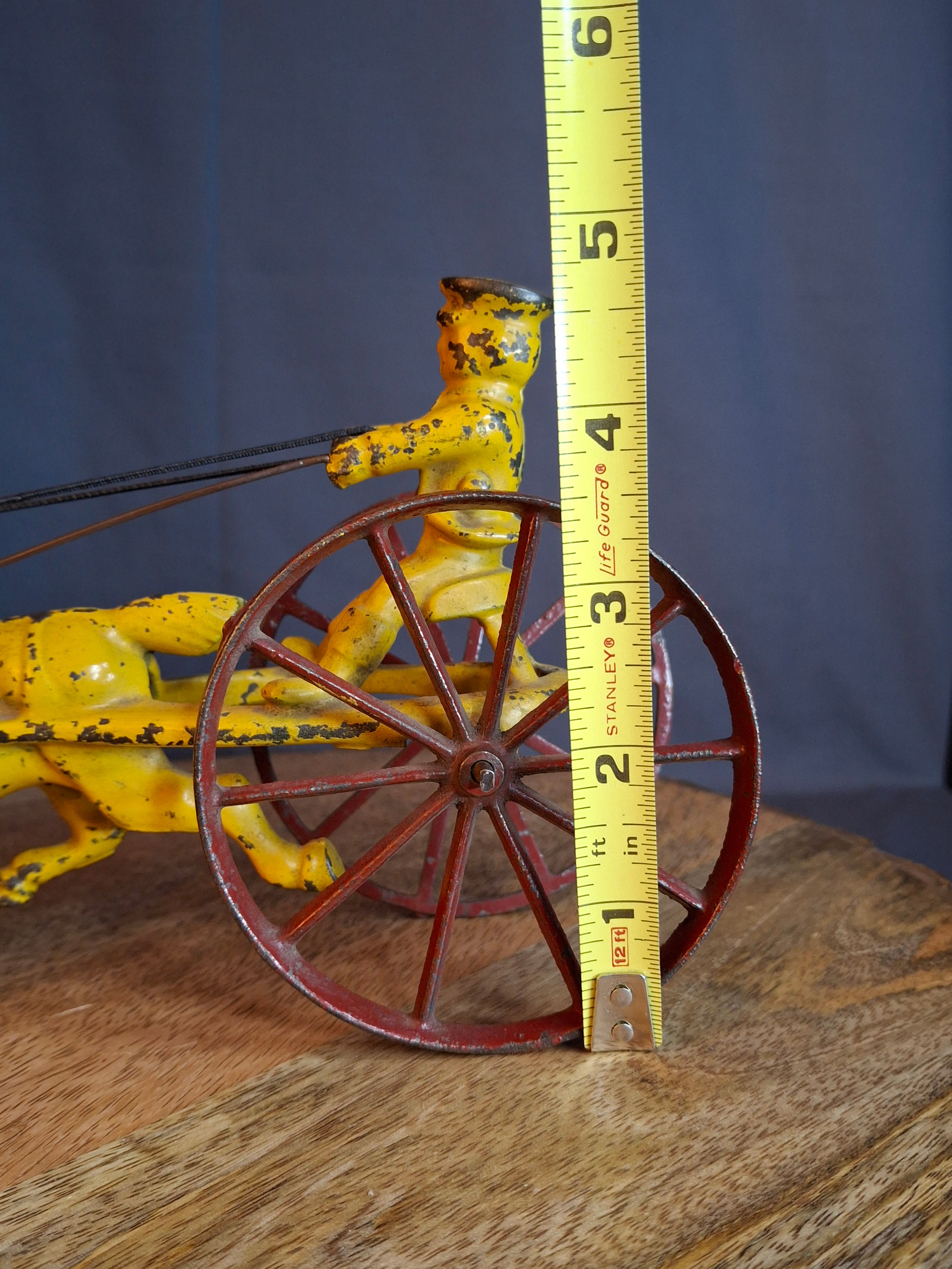 Antique Hubley Cast Iron Horse Sulky Toy Cart Driver Yellow Red Wheels C. 1920s