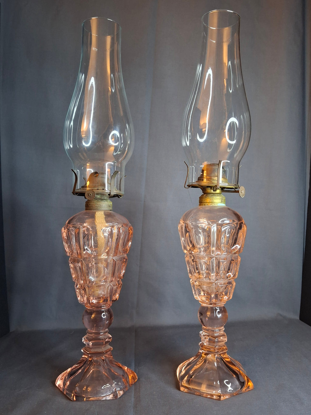 Vintage Pink Pressed Glass Kerosene Table Lamps - Matching Pair - 17" Tall