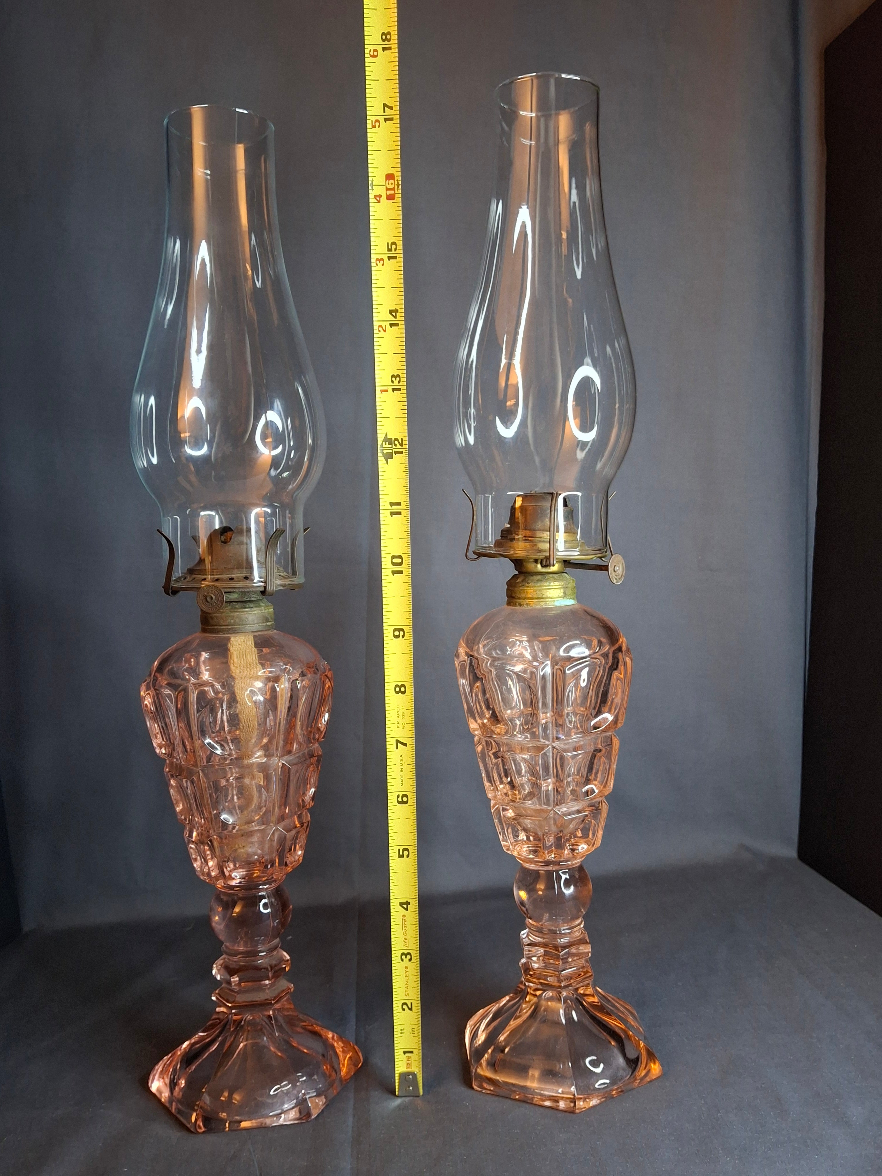 Vintage Pink Pressed Glass Kerosene Table Lamps - Matching Pair - 17" Tall