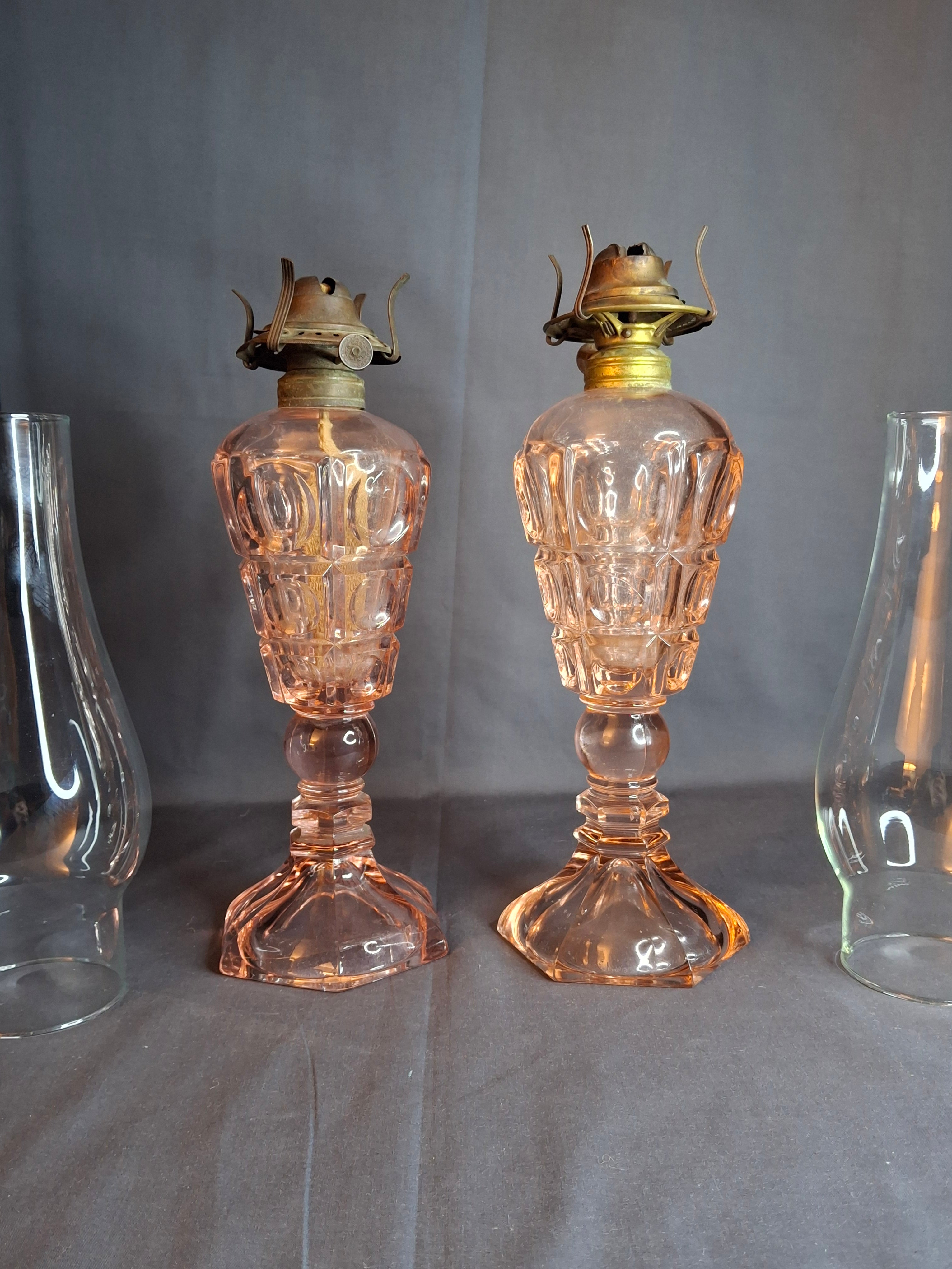 Vintage Pink Pressed Glass Kerosene Table Lamps - Matching Pair - 17" Tall