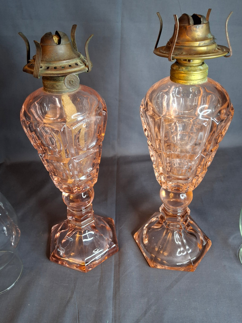 Vintage Pink Pressed Glass Kerosene Table Lamps - Matching Pair - 17" Tall