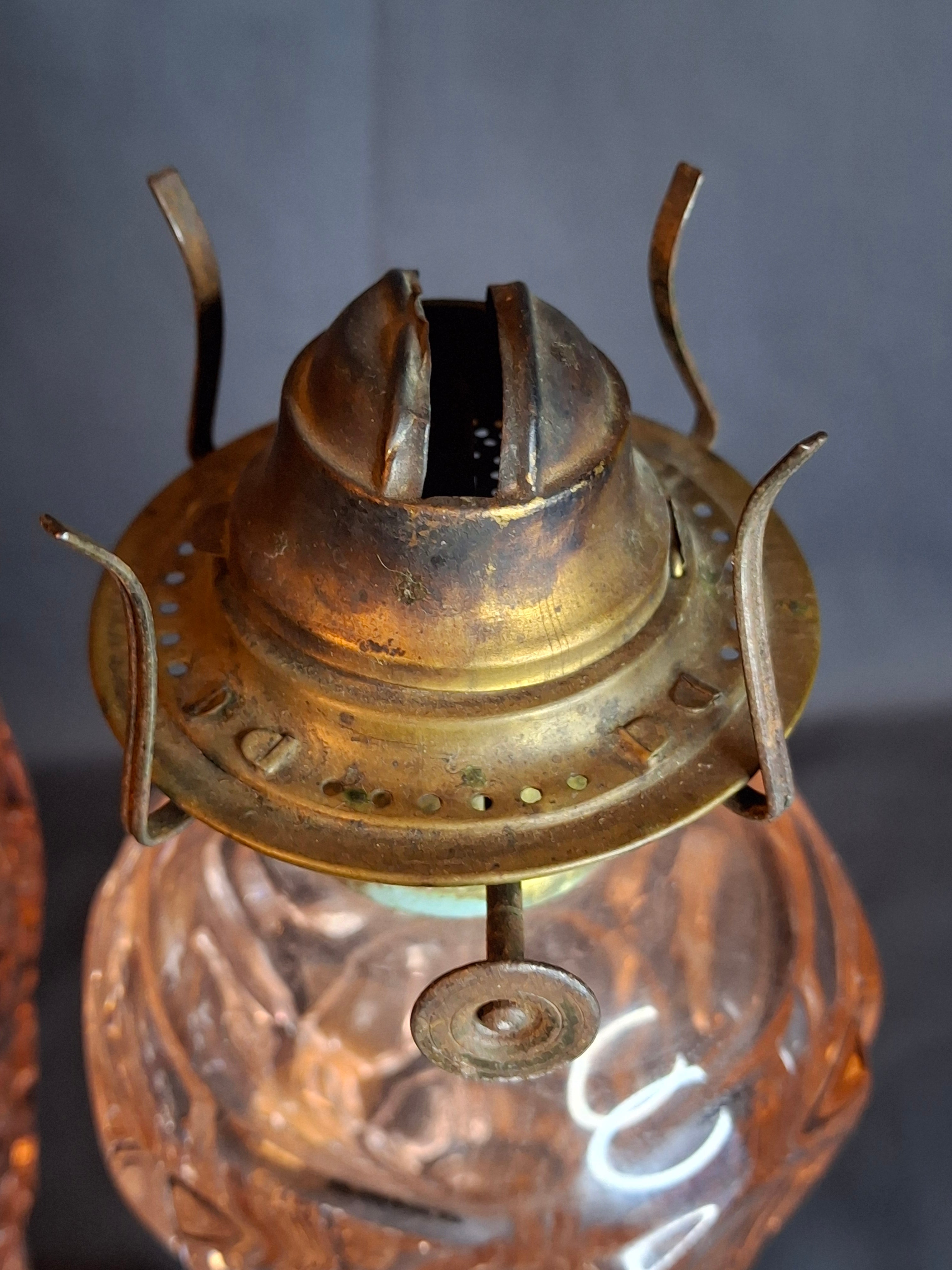 Vintage Pink Pressed Glass Kerosene Table Lamps - Matching Pair - 17" Tall